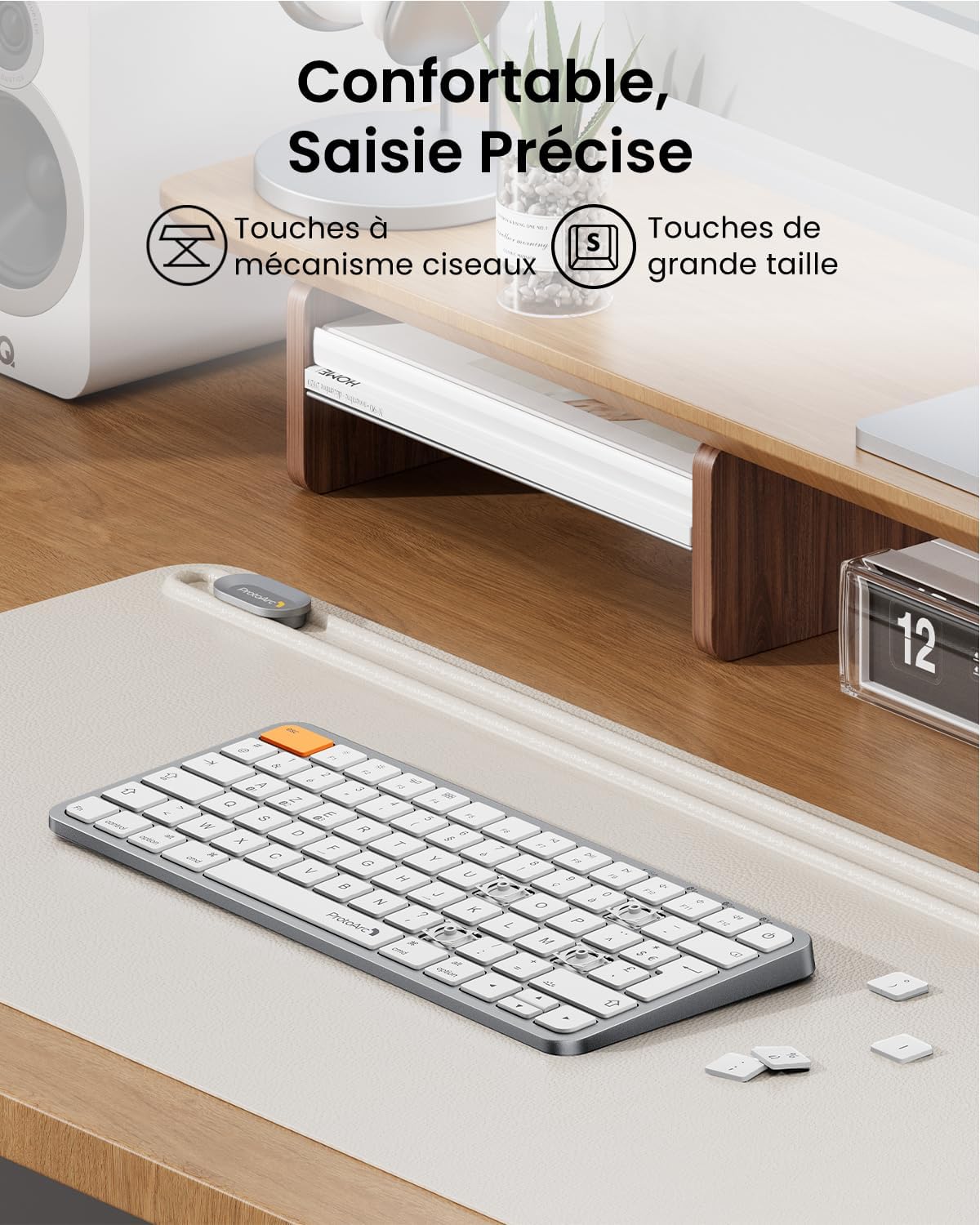 ProtoArc Retro Eclairé Clavier Souris Mac Compact sans Fil, KM90-A AZERTY Bluetooth Ensembles Clavier Souris, Multi-Appareils, Plat, Rechargeable, Compatible avec MacBook Pro/Air, iPad, iPhone - Blanc