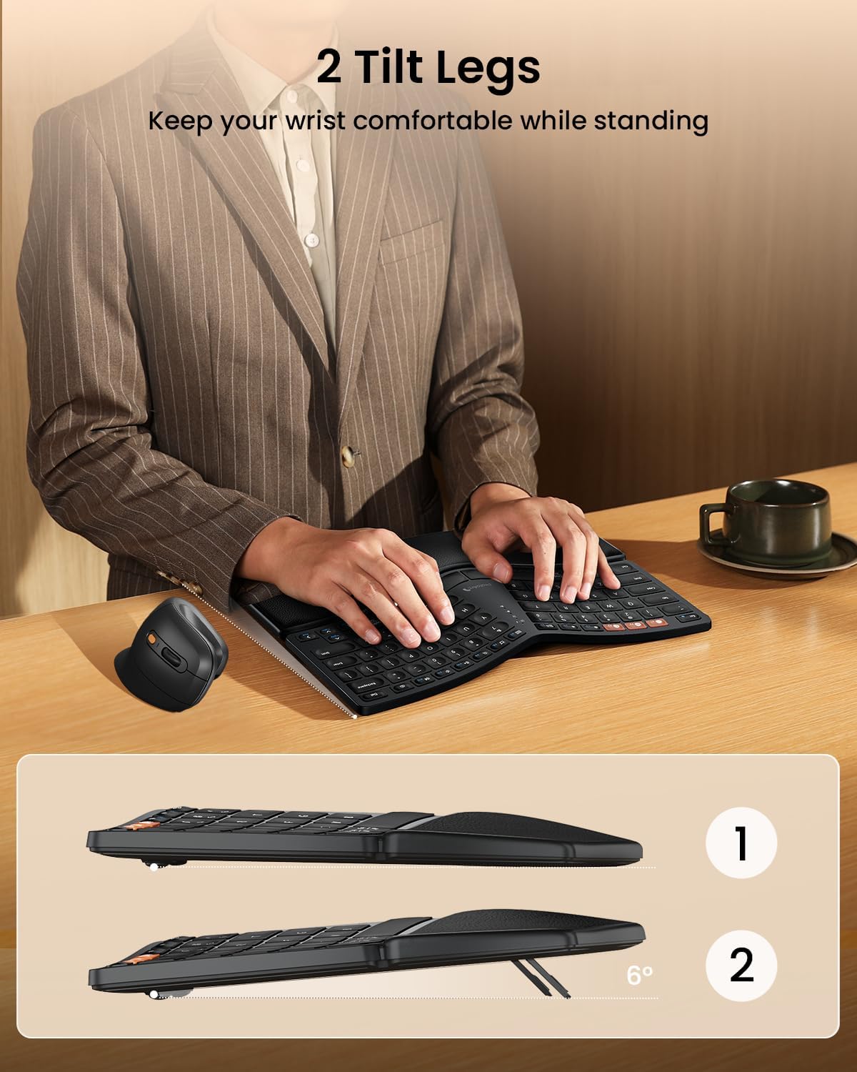 ProtoArc Bluetooth Ergonomic Keyboard, EK04 Mini Compact Wireless Ergo Keyboard with Palm Rest, Split Design, Natural Typing, Bluetooth and USB, Rechargeable, for Windows/Mac - Black