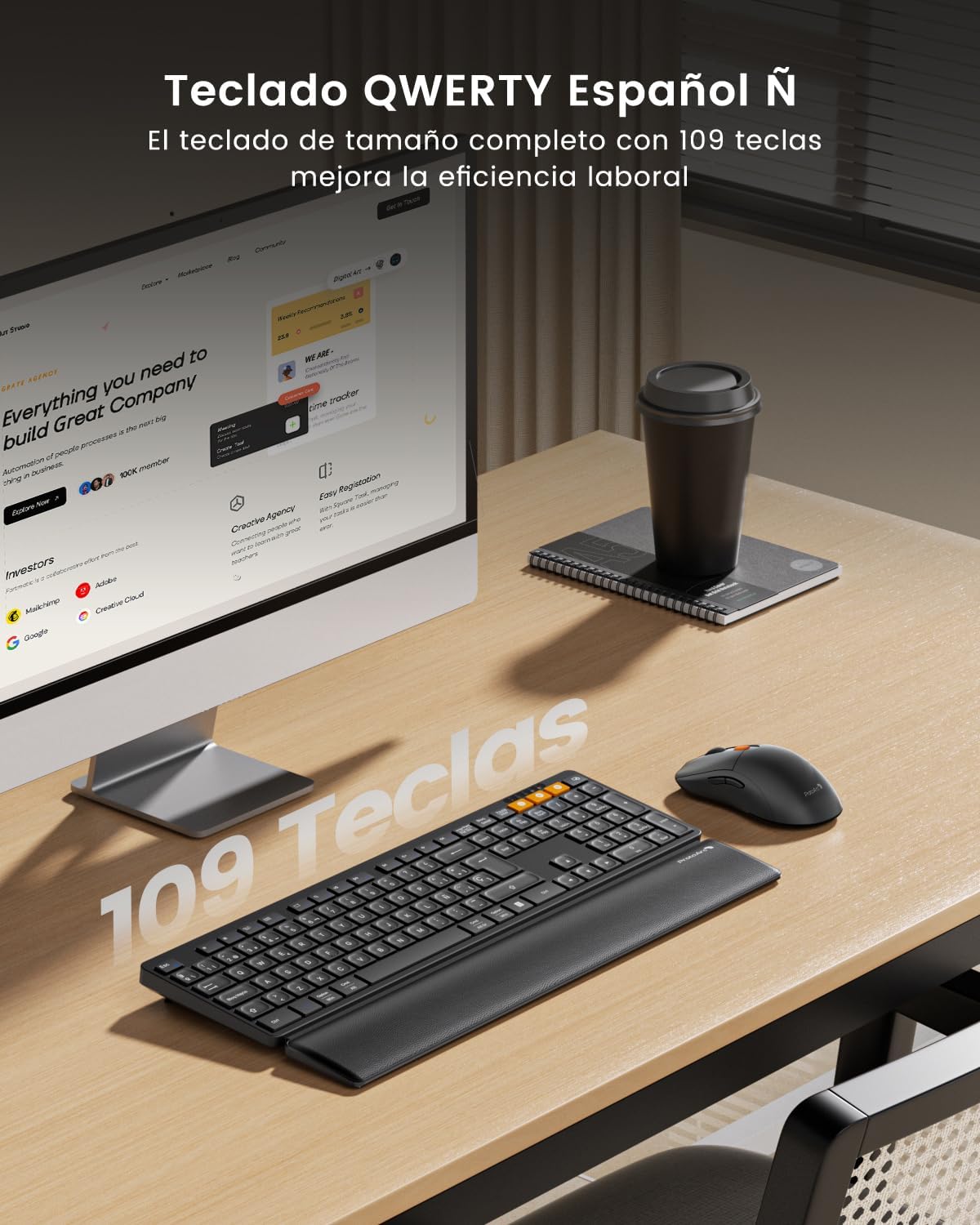 ProtoArc KM60 Rechargeable Bluetooth Wireless Keyboard and Mouse | Full Size with Wrist Rest, QWERTY Spanish, 2.4 GHz + 2 x Bluetooth, for Laptop, PC, Mac and Windows, Black
