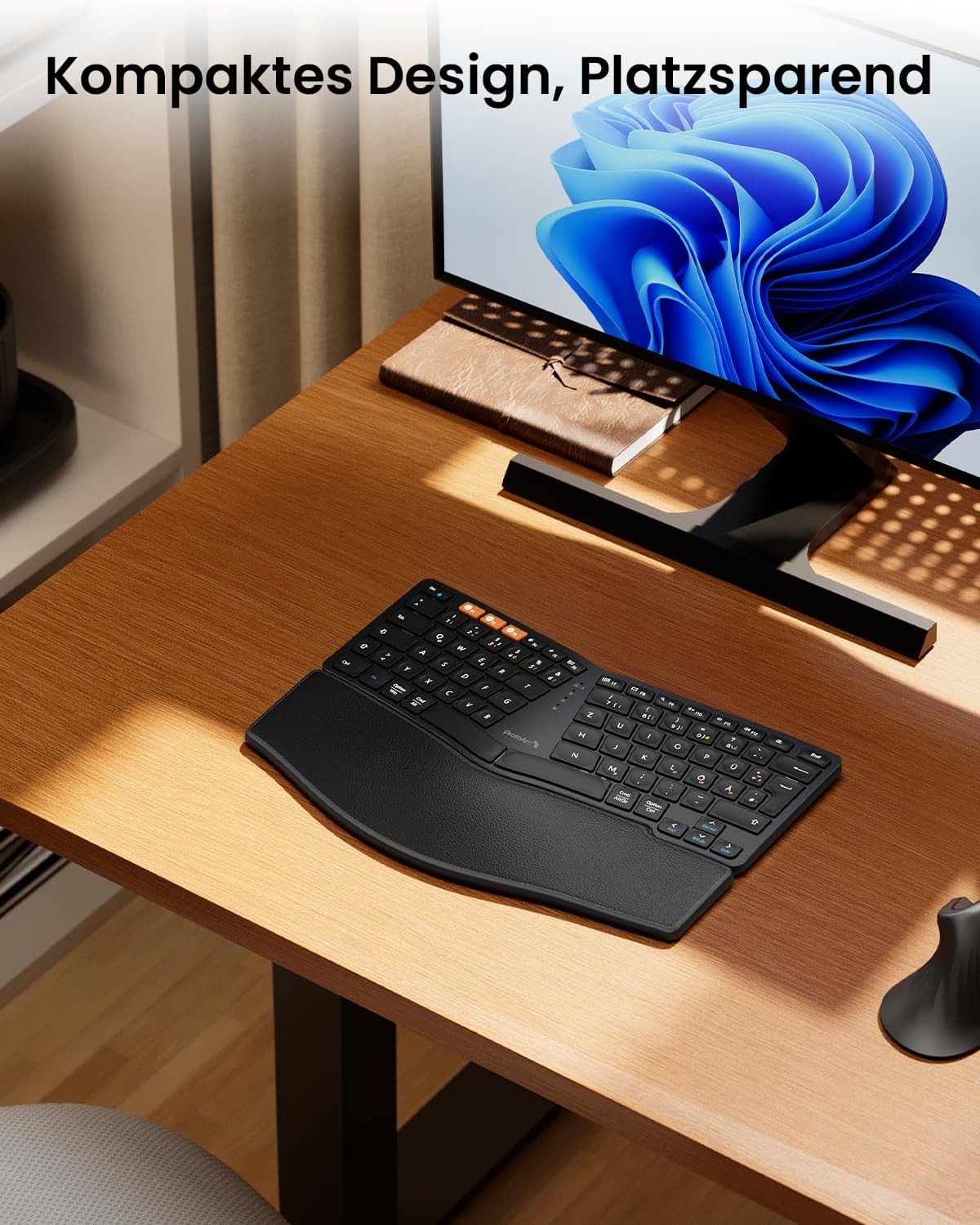 ProtoArc Bluetooth Ergonomic Keyboard, EK04 Mini Wireless Ergo Keyboard Compact with Wrist Rest, Split Design, Natural Typing Feel, Bluetooth & USB, Rechargeable, for Windows/Mac
