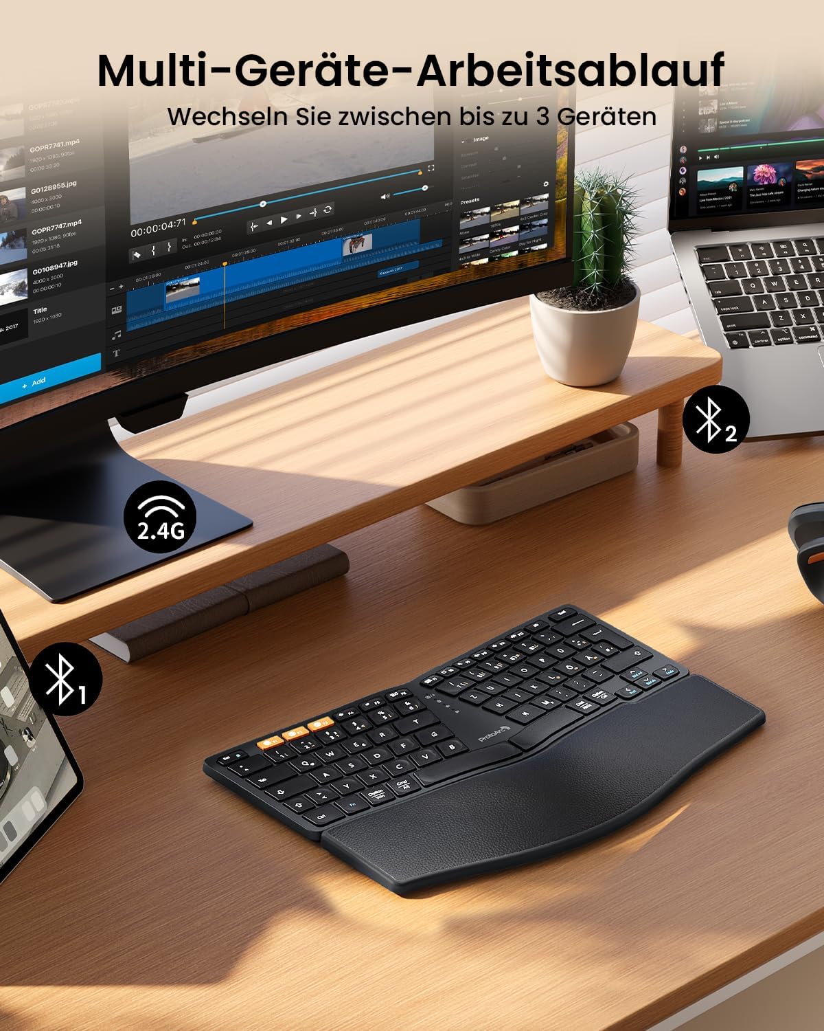 ProtoArc Bluetooth Ergonomic Keyboard, EK04 Mini Wireless Ergo Keyboard Compact with Wrist Rest, Split Design, Natural Typing Feel, Bluetooth & USB, Rechargeable, for Windows/Mac