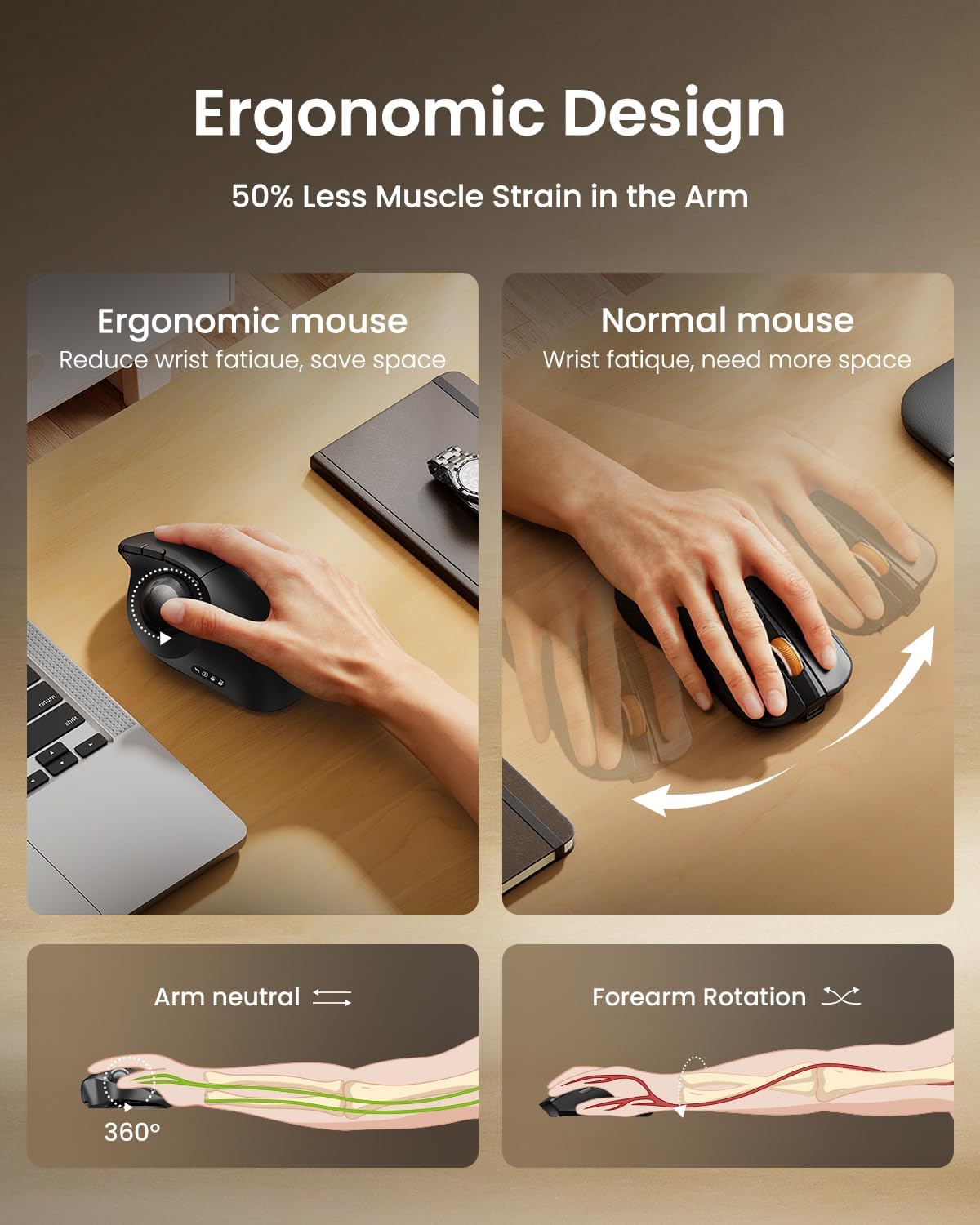 ProtoArc Wireless Bluetooth Trackball Mouse, EM02 Two Adjustable Angle Ergonomic Rechargeable Computer Ball Mouse, 3 Device Connection, Thumb Control and Smooth Tracking for Laptop, PC, Mac-Gray