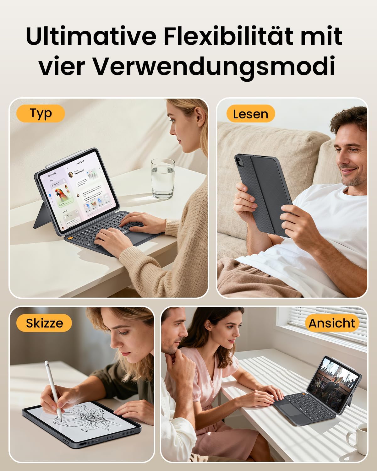 ProtoArc TK500 Case with Keyboard iPad Air 11 M3/M2, Magnetic QWERTZ DE | Clickable Trackpad, for iPad Pro 11, FR4 Plate, Apple Pencil Holder, 4 Modes, Grey