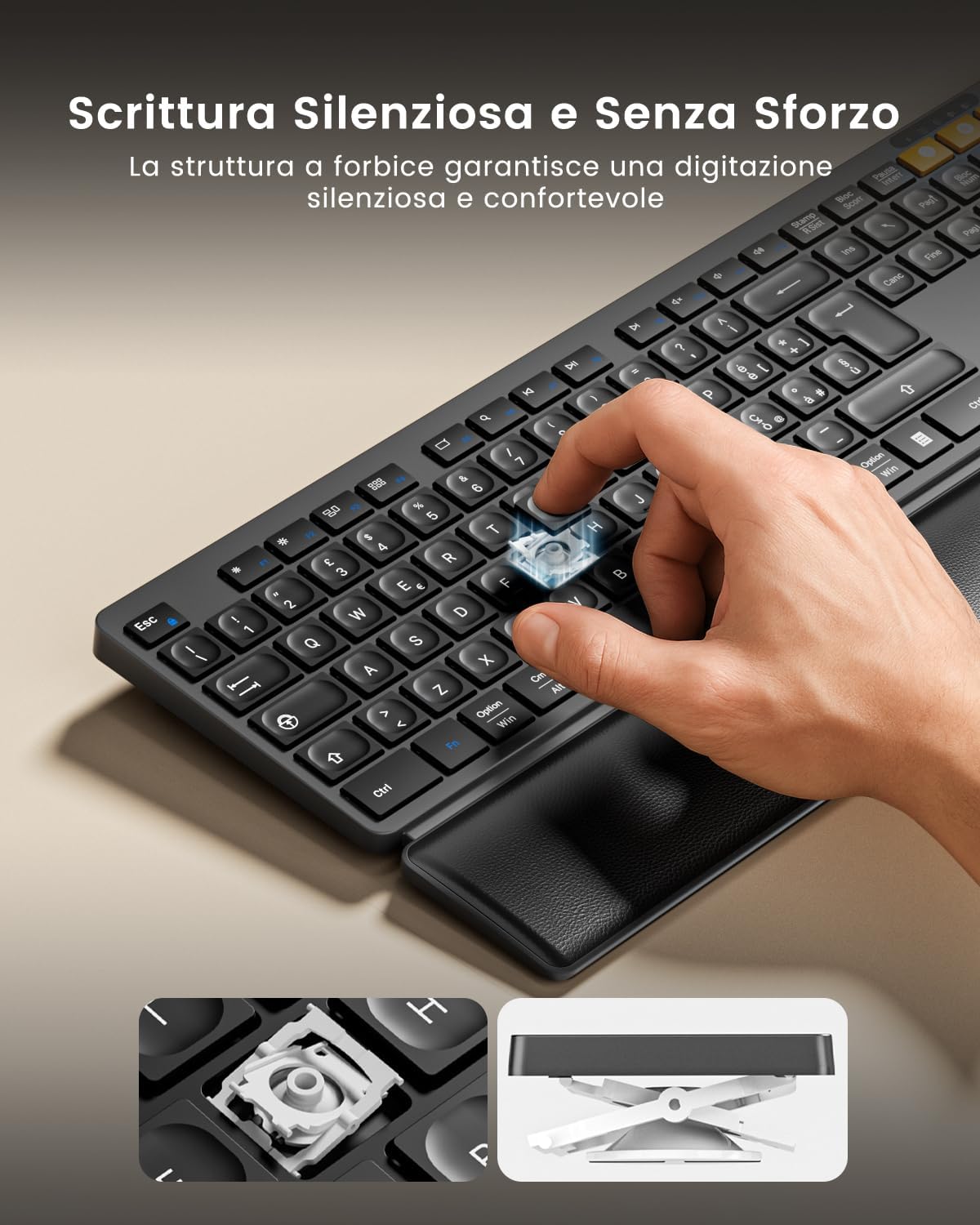 ProtoArc KM60 Wireless Bluetooth Keyboard and Mouse, Rechargeable | Full-size with Wrist Rest, Italian QWERTY, 2.4 GHz + 2 x Bluetooth, for Laptop, Mac, Windows - ‎Black