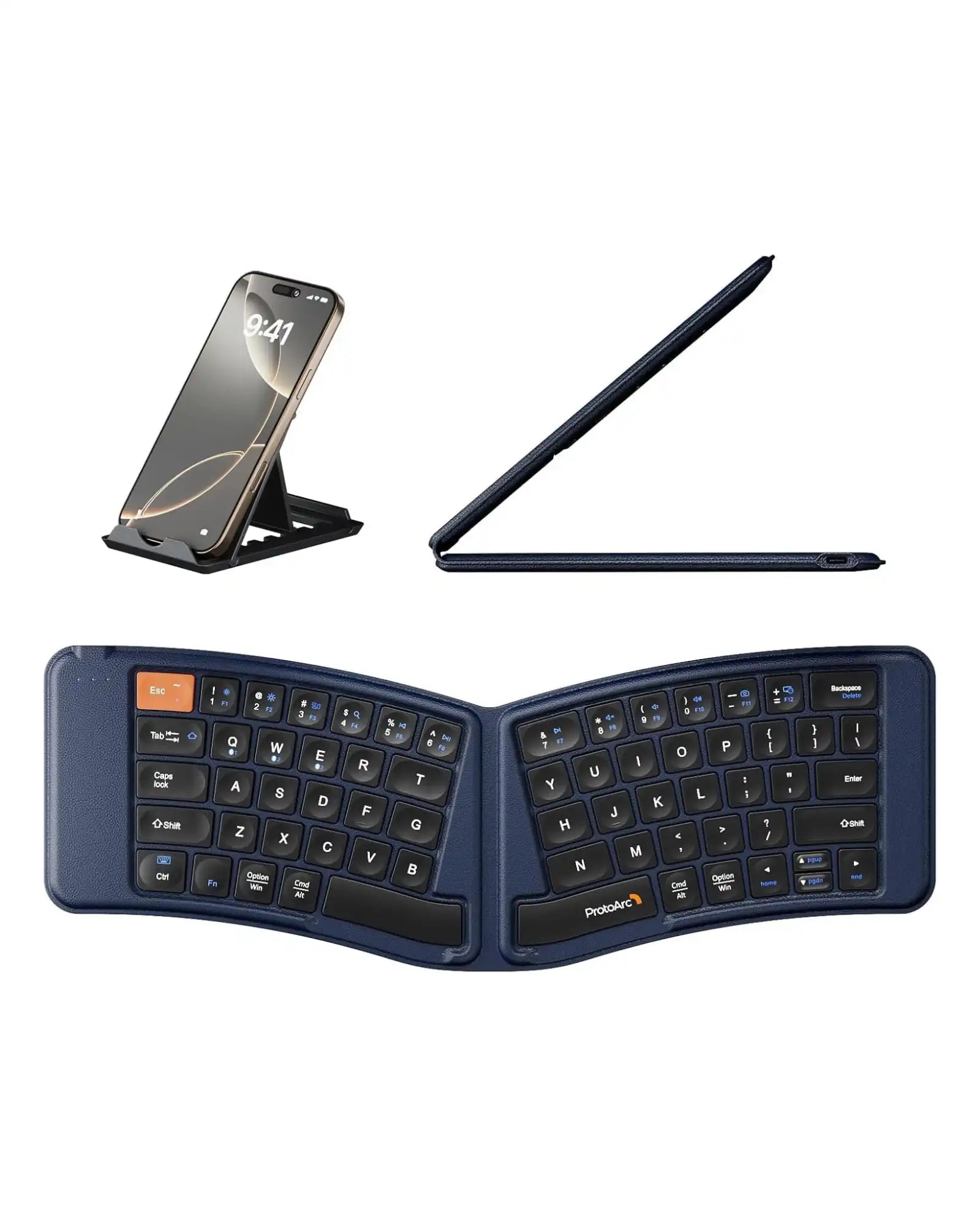 Dark blue ProtoArc XK03 foldable ergonomic Bluetooth keyboard, split design, with phone stand and folded profile.