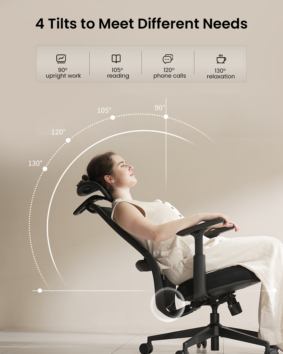EC200 ergonomic office chair reclined at 130 degrees for relaxation, showing 4 tilt options for work, reading, and calls.