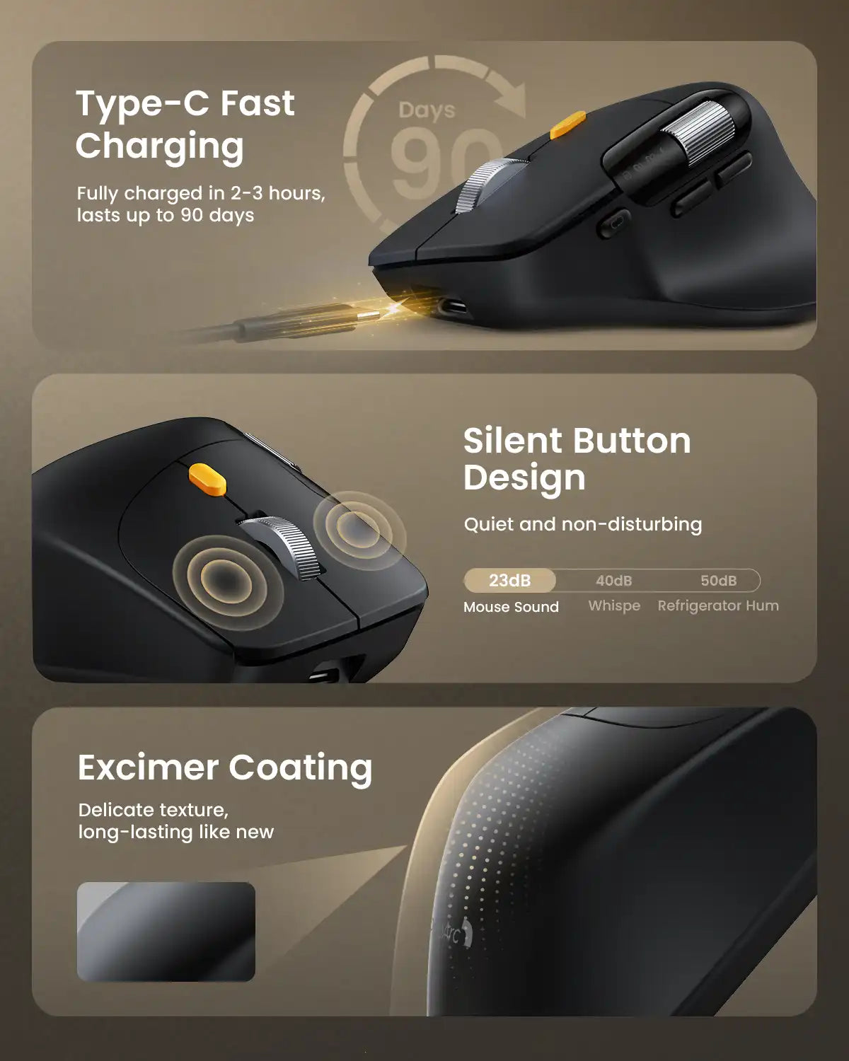 Black ProtoArc EM25 ergonomic mouse with Type-C fast charging, silent buttons, and Excimer coating.