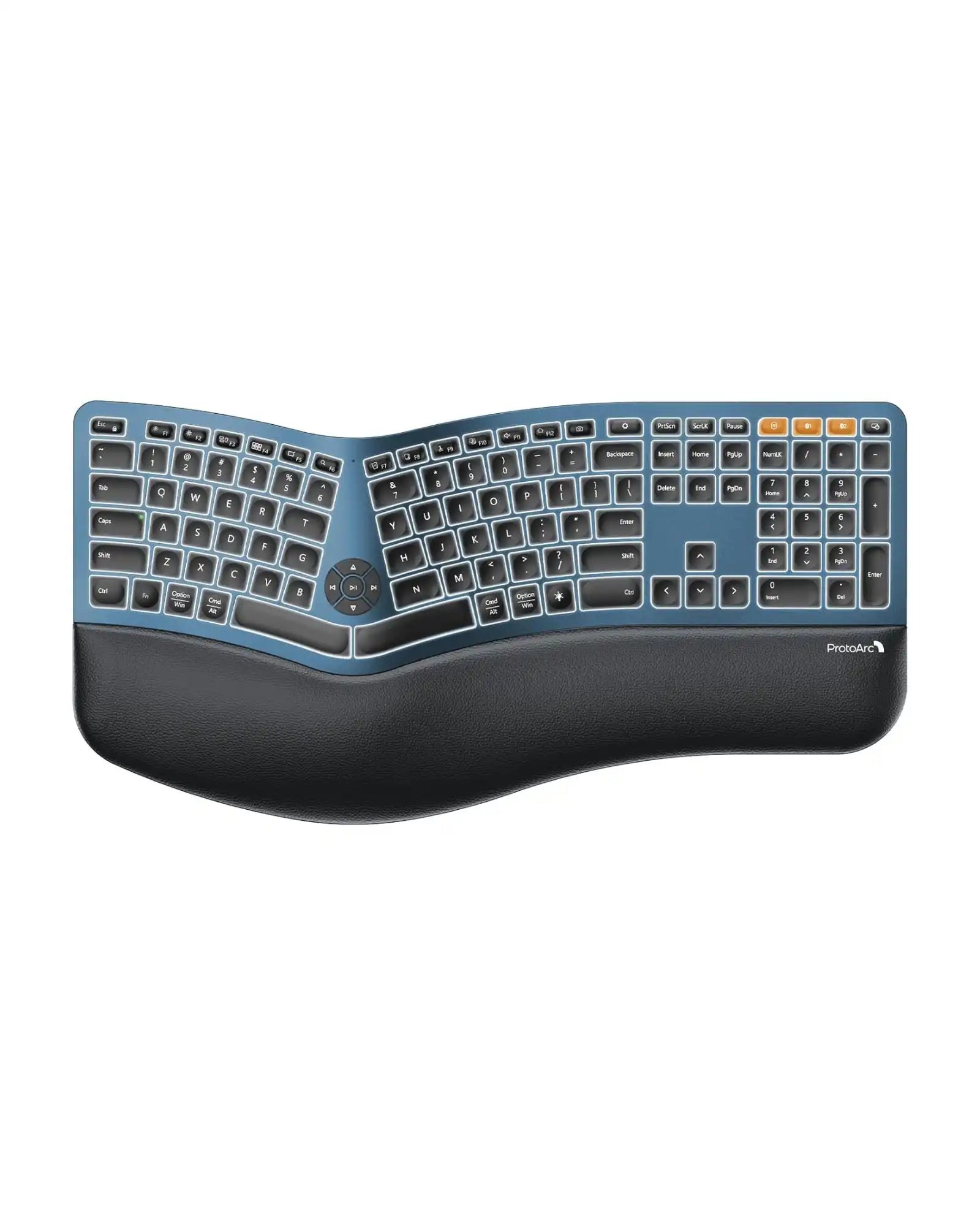 Blue ProtoArc EK01 Plus backlit ergonomic split keyboard with black wrist rest.