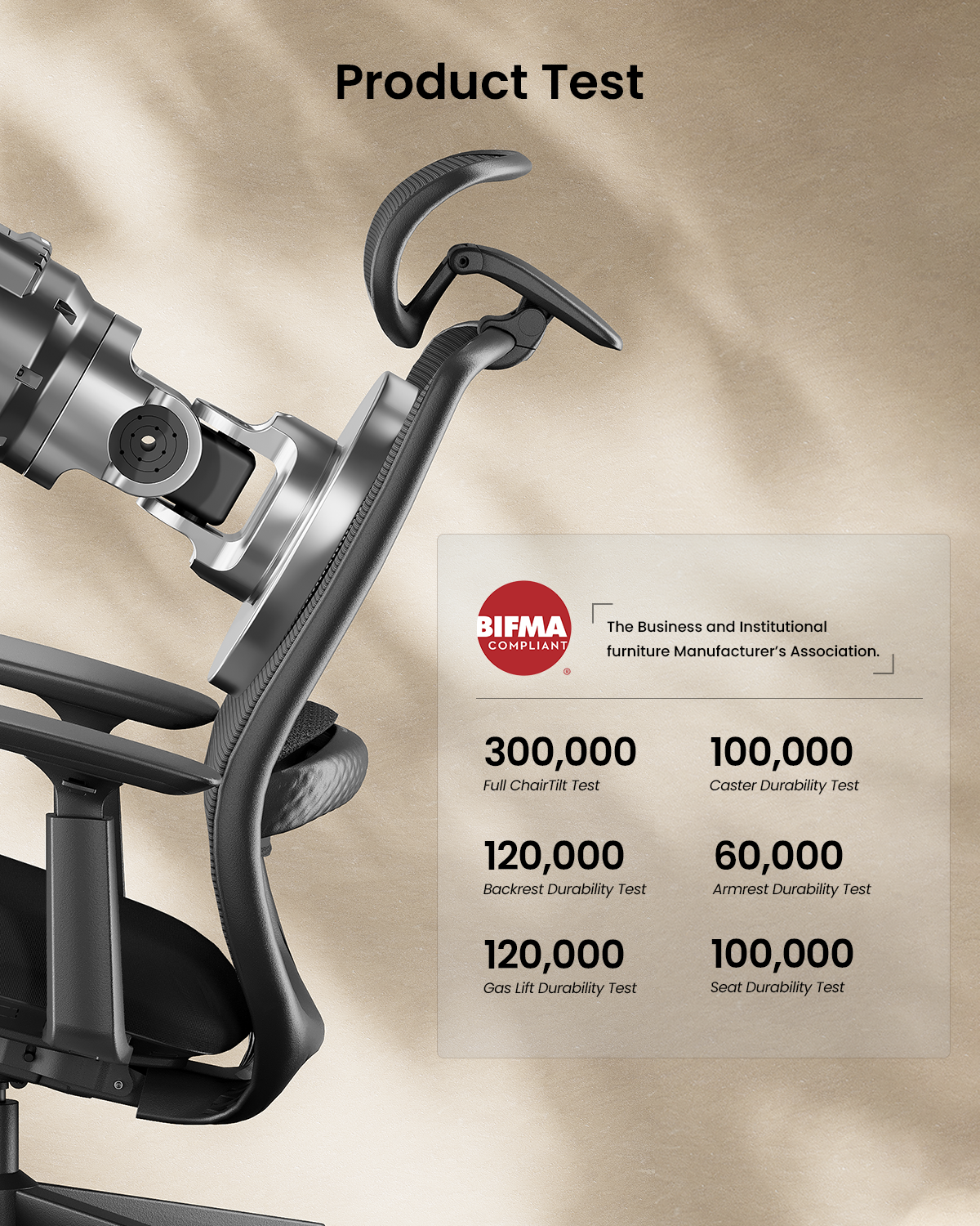 EC200 Ergonomic Mesh Office Chair tested for durability: BIFMA compliant with 300k tilt & 120k backrest tests.