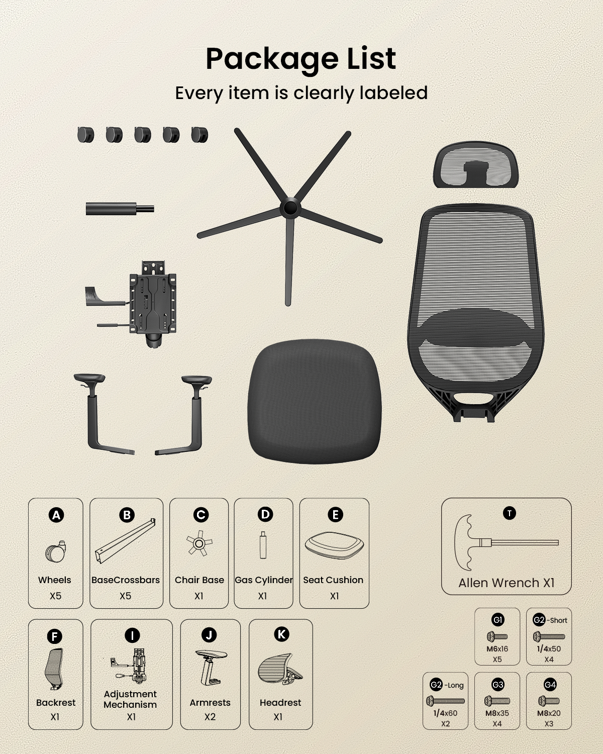 EC200 Ergonomic Mesh Office Chair package list: components, parts, and assembly hardware labeled for self-assembly.