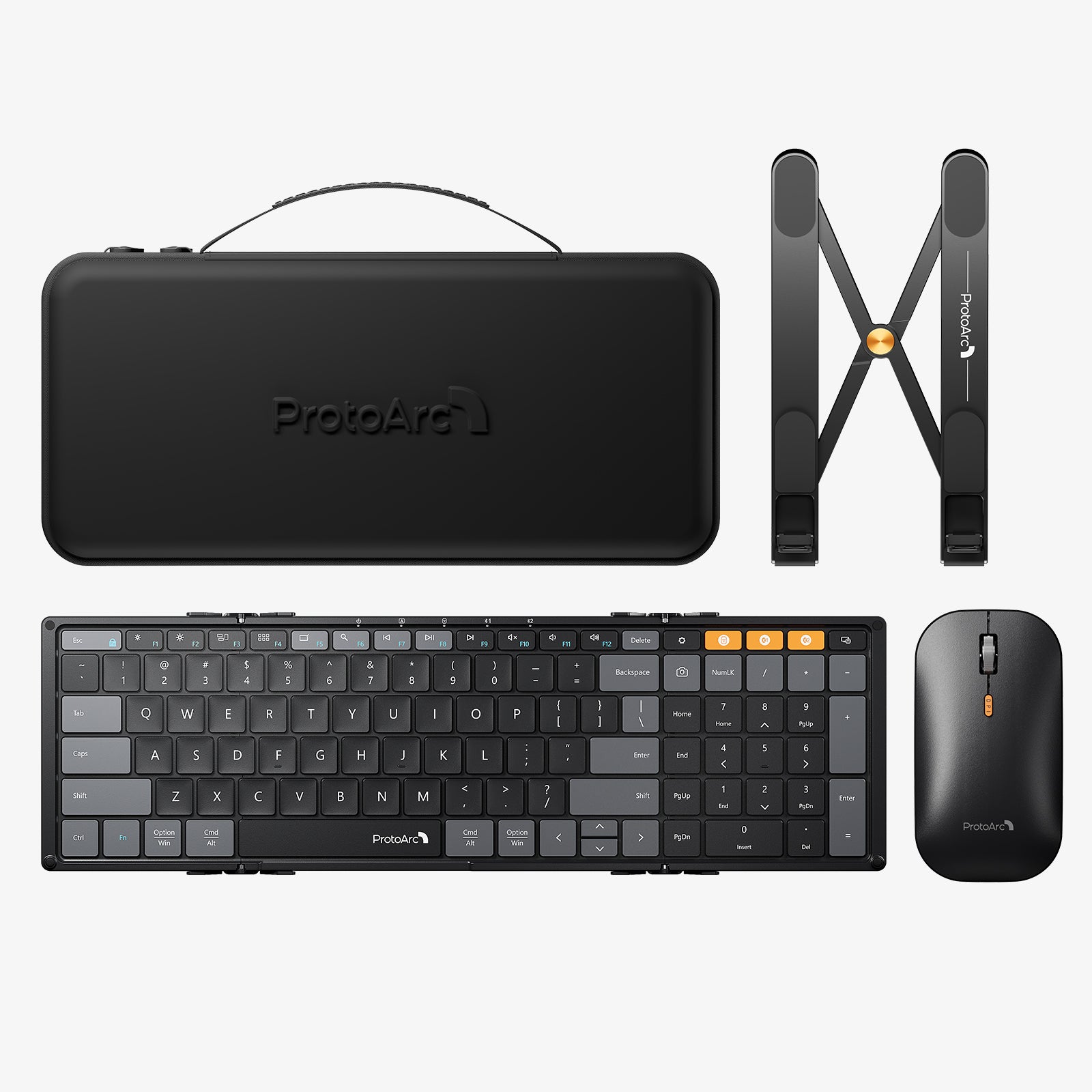 ProtoArc XKM01 CaseUp Combo: Foldable keyboard, mouse, carrying case, and laptop stand, ergonomic design for workstation.