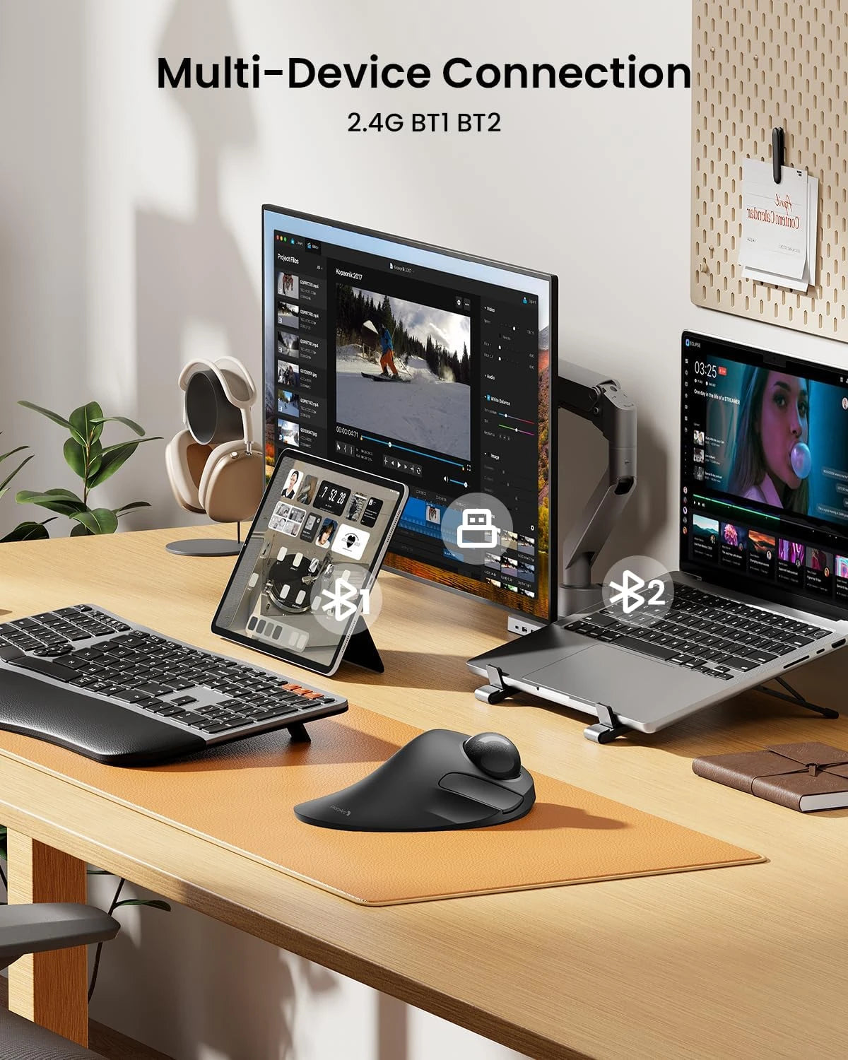 EM03 NL Ergonomic Trackball Mouse connected to multiple devices via 2.4G and Bluetooth