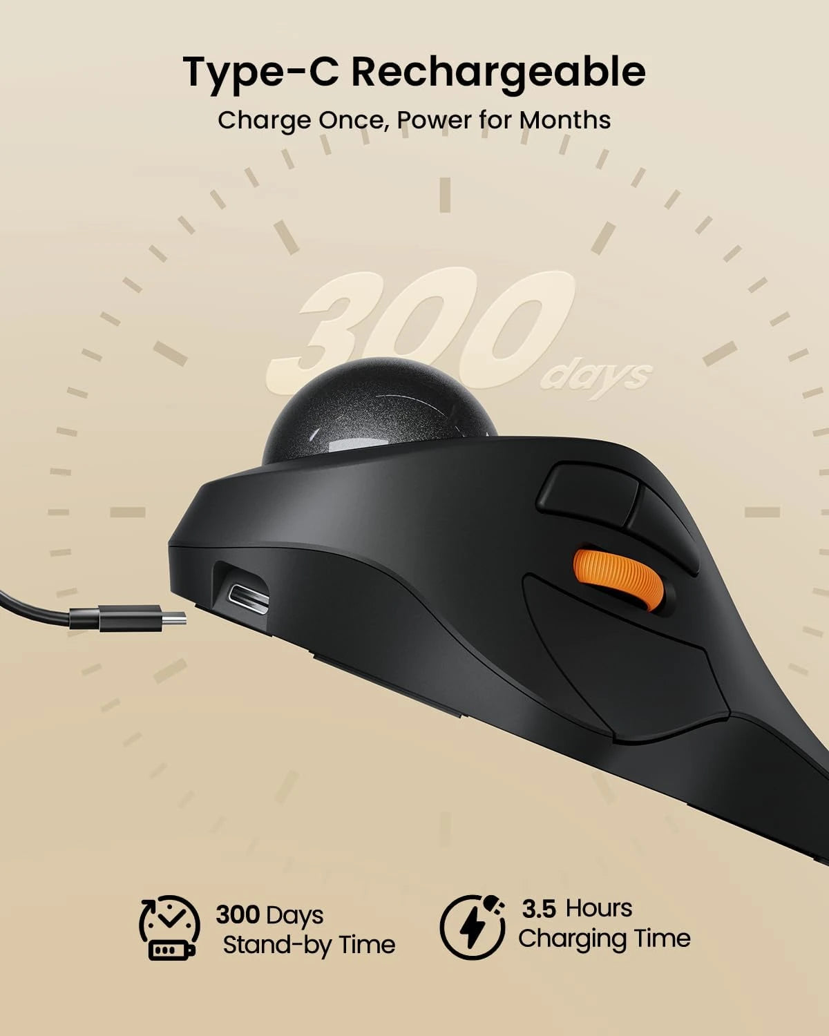 EM03 NL ergonomic trackball mouse with Type-C rechargeable battery, 300 days stand-by time, and 3.5 hours charging.
