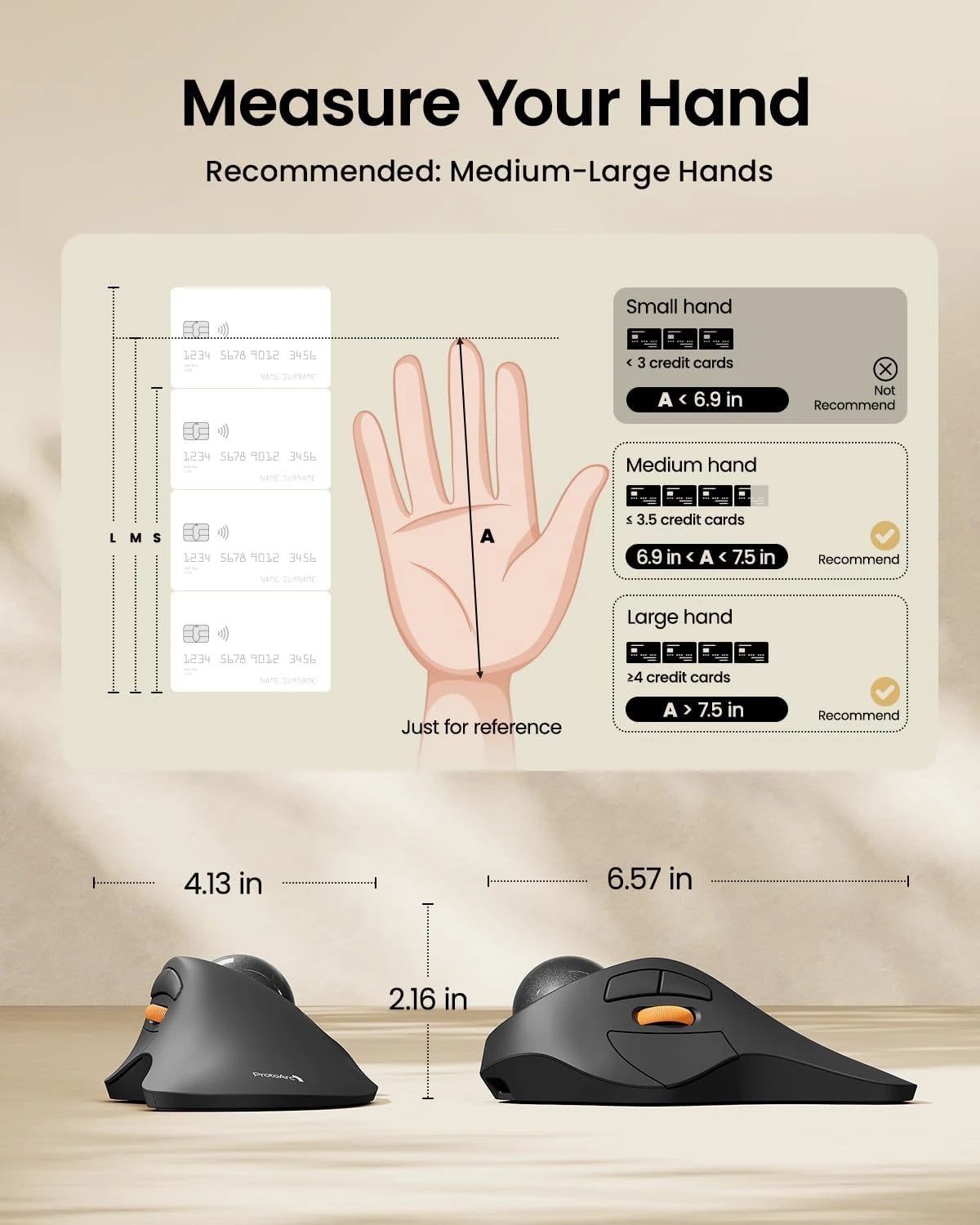 Measure Your Hand guide for EM03 NL trackball mouse, showing hand size recommendations and comparison to credit cards.