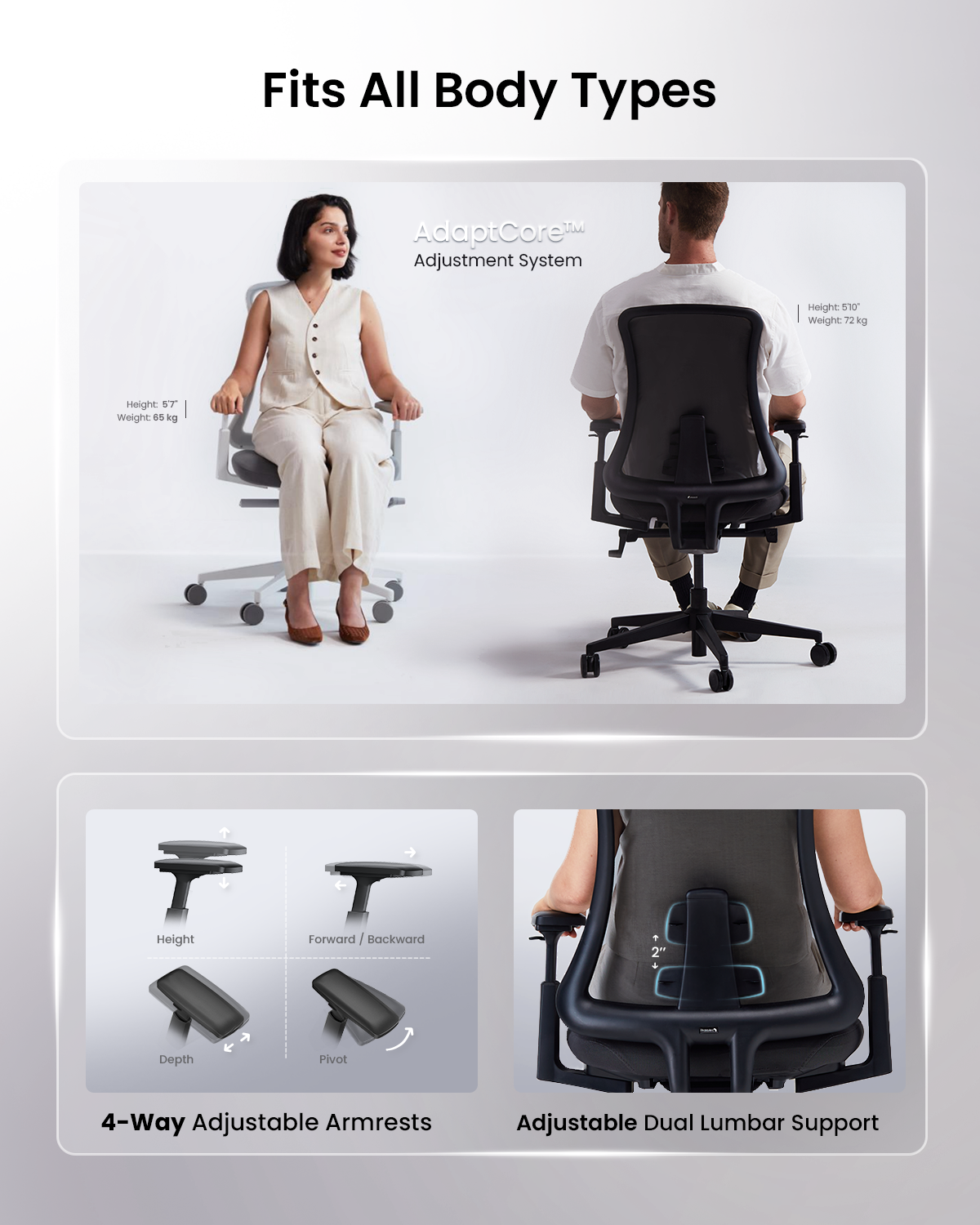 Flexer Ergonomic Chair: AdaptCore system, 4-way adjustable armrests, dual lumbar support. Fits diverse body types.