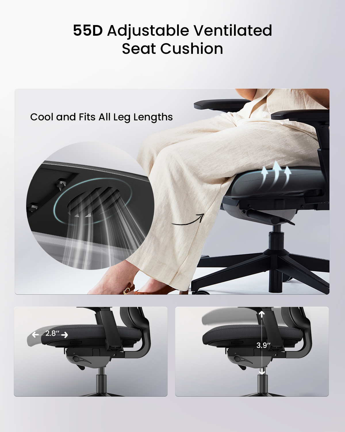 ProtoArc Flexer Ergonomic Chair: Ventilated seat cushion with 2.8"-3.9" depth adjustment for cool, customized comfort.