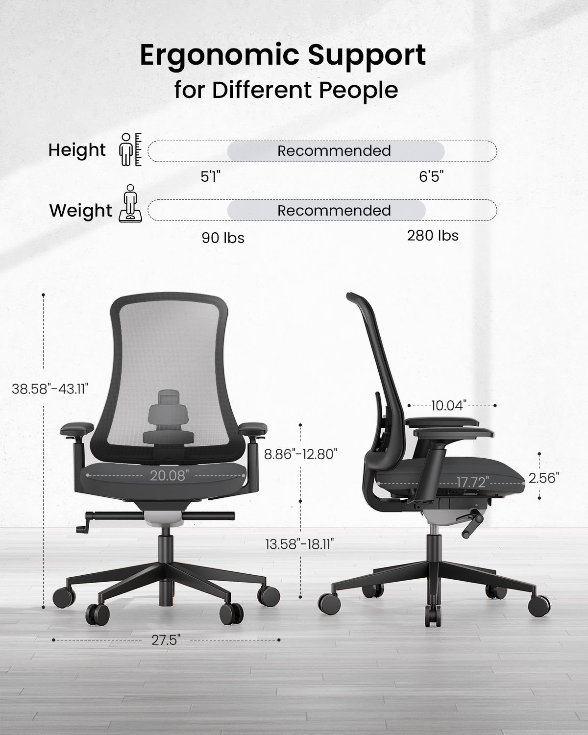 ProtoArc Flexer ergonomic chair dimensions and height/weight recommendations for users between 5'1"-6'5" and 90-280 lbs.