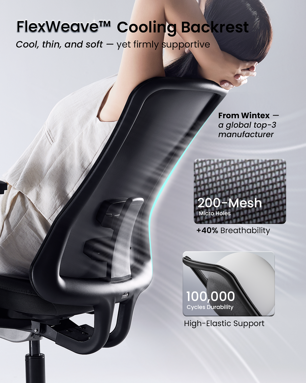 Flexer Pro chair with FlexWeave™ cooling backrest, 200-mesh for breathability, and 100,000 cycles durability.
