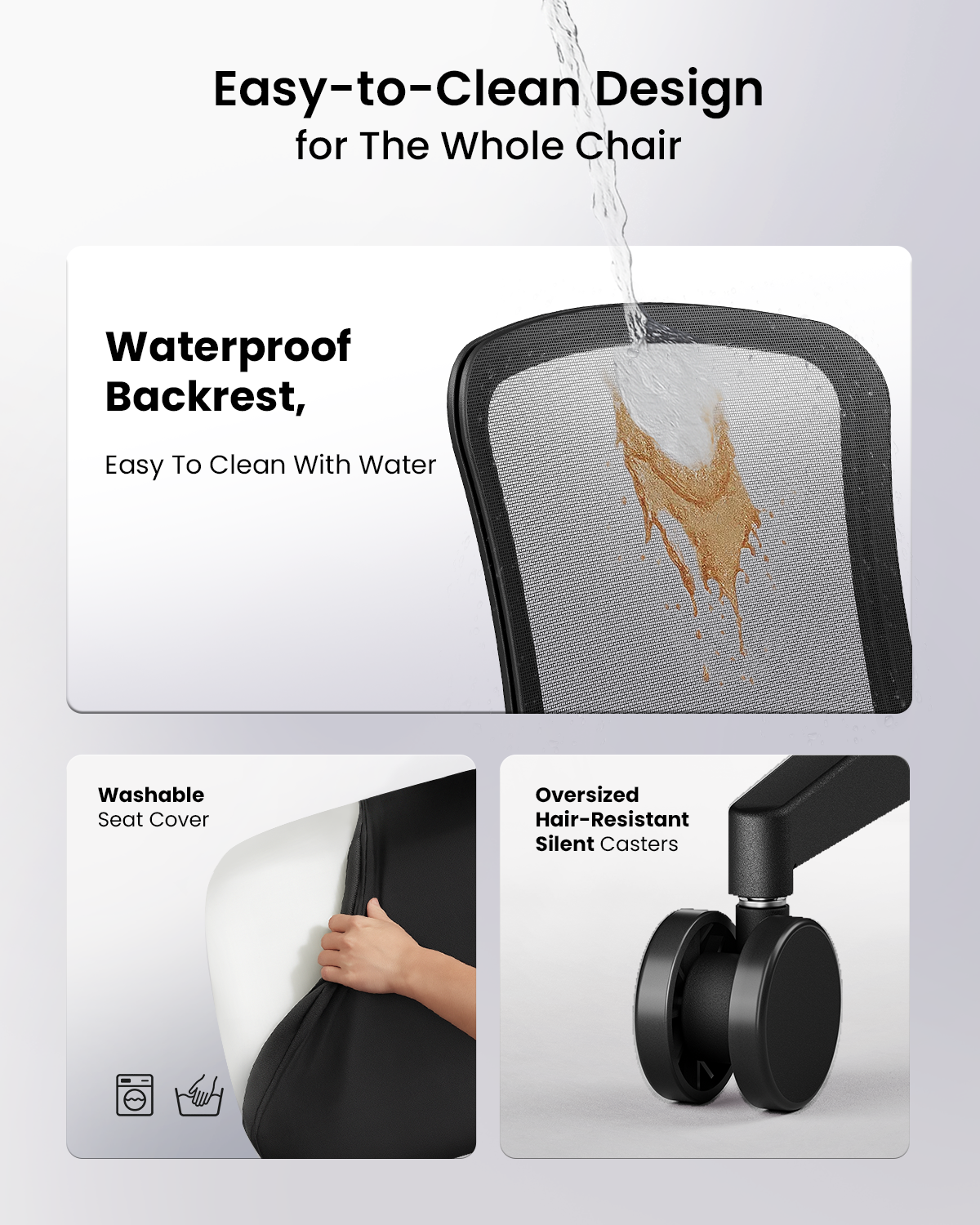 Flexer chair features: waterproof mesh backrest, washable seat cover, and quiet casters