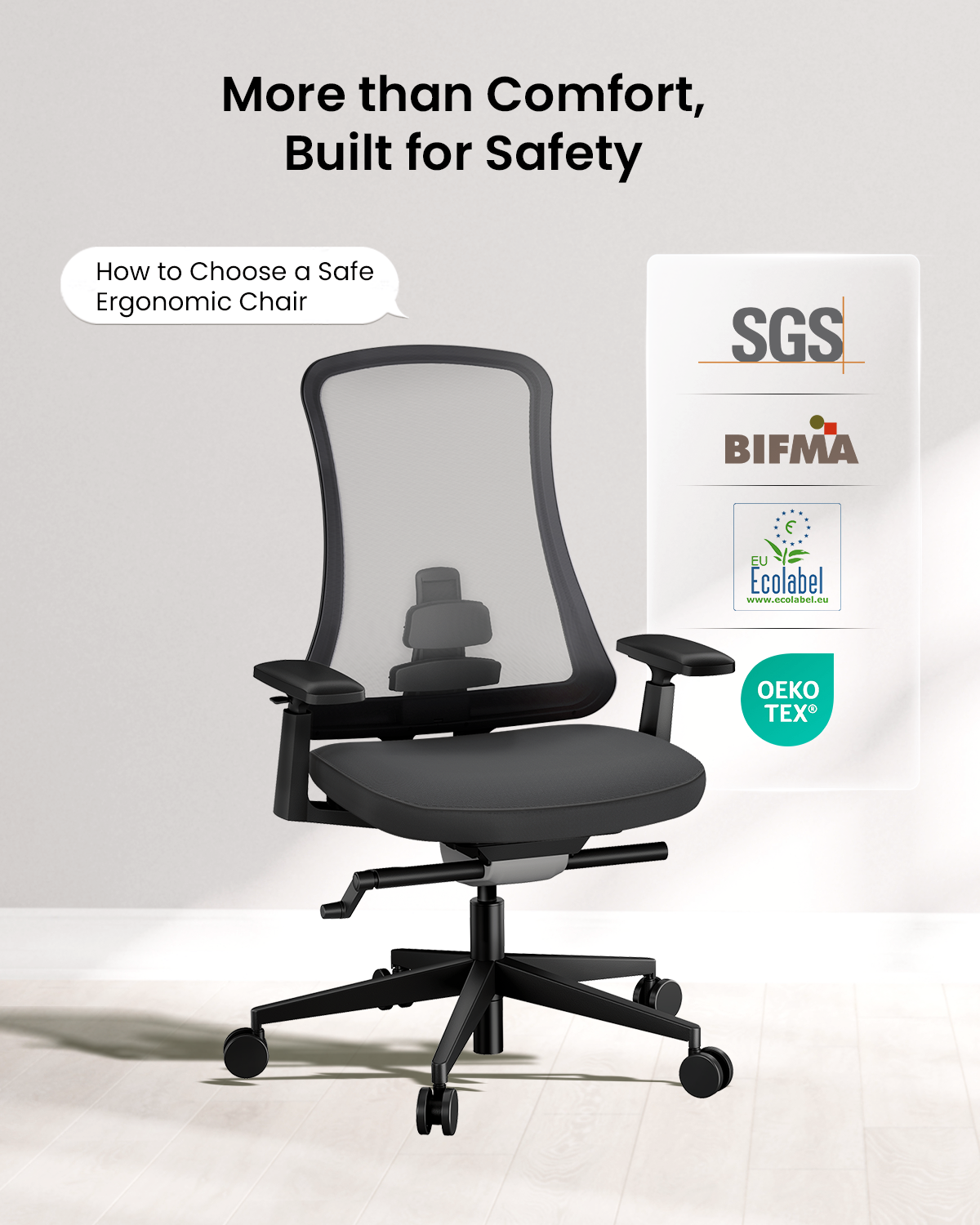 Black ergonomic chair with mesh back, safety certifications (SGS, BIFMA, EU Ecolabel, OEKO-TEX).