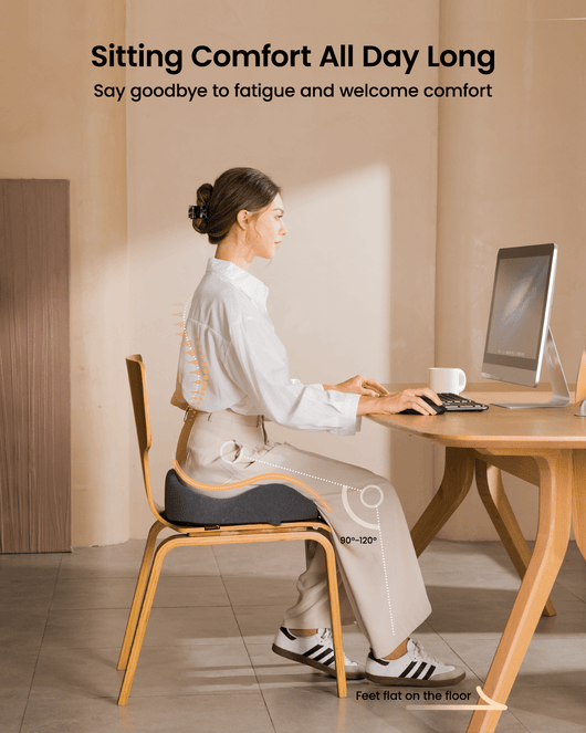 SC Butterfly Seat Cushion: Woman sitting comfortably at desk, promoting ergonomic posture and fatigue relief.