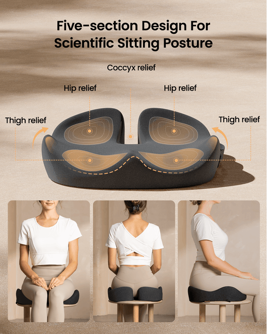 SC Butterfly Seat Cushion: Ergonomic seat cushion for coccyx, hip, and thigh relief. Shown for scientific sitting posture.