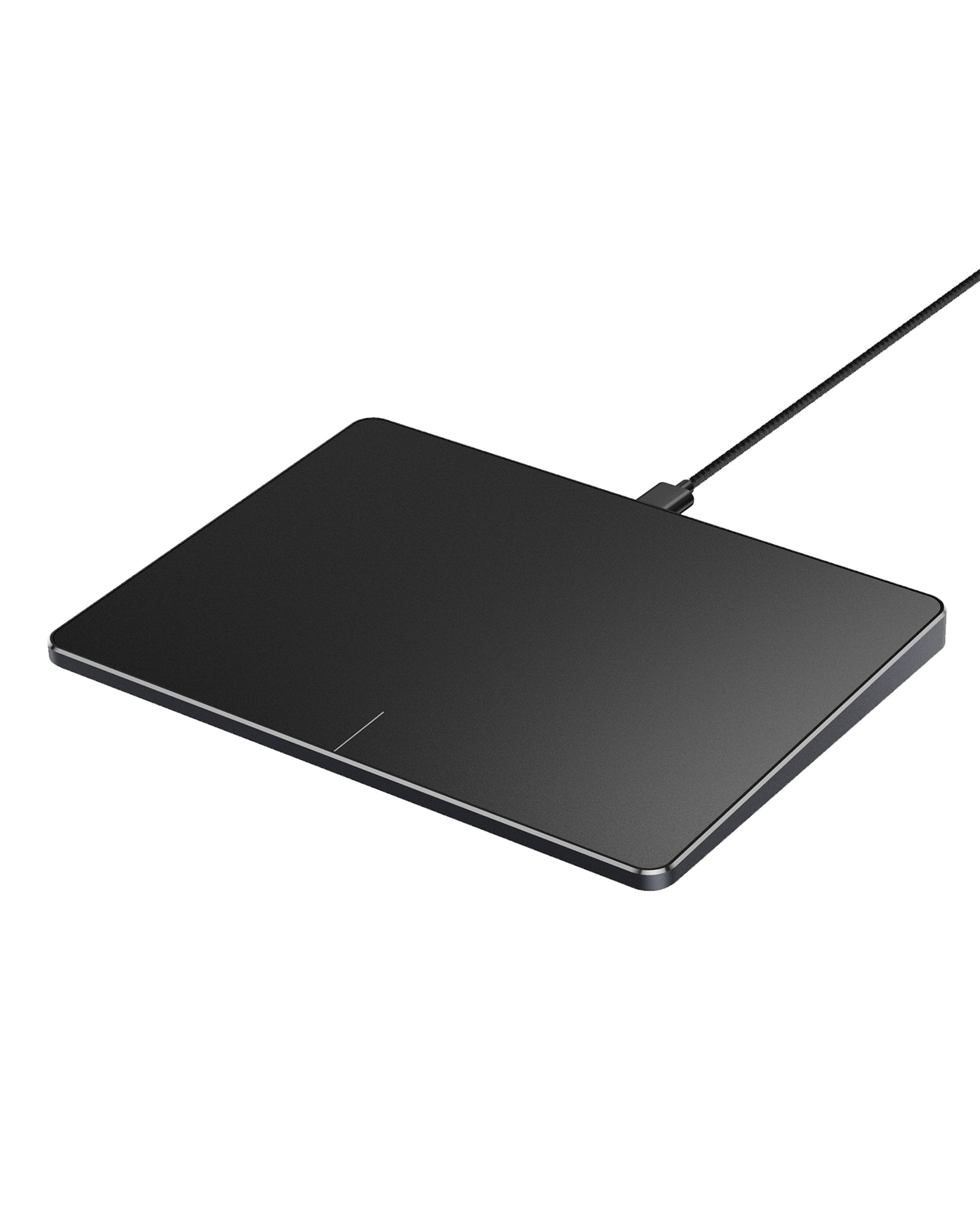 Black T1 wired trackpad for Windows with USB-C cable attached, featuring a smooth metal surface and physical click area.