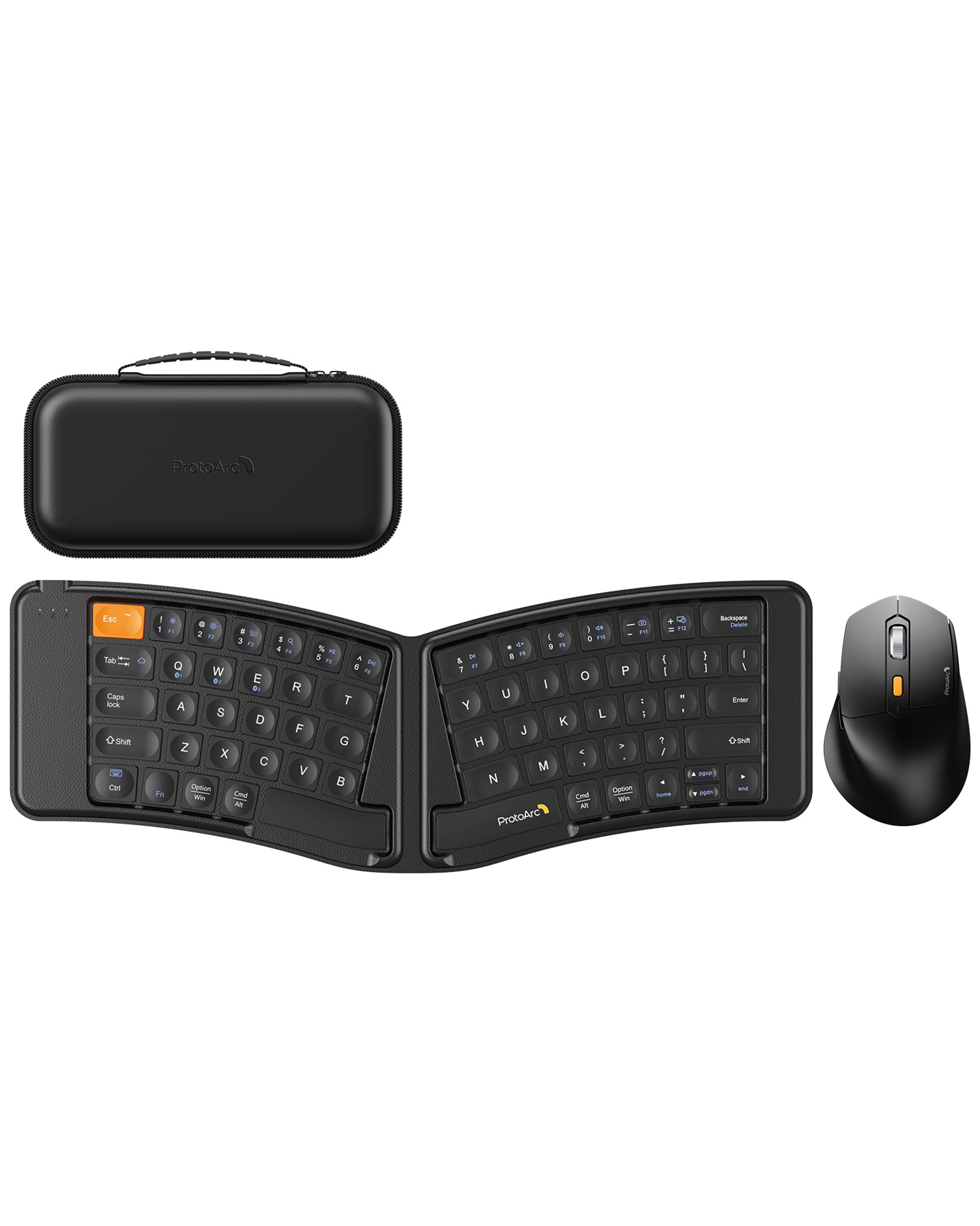 ProtoArc XKM03 ergonomic foldable Bluetooth keyboard and mouse combo with travel case.