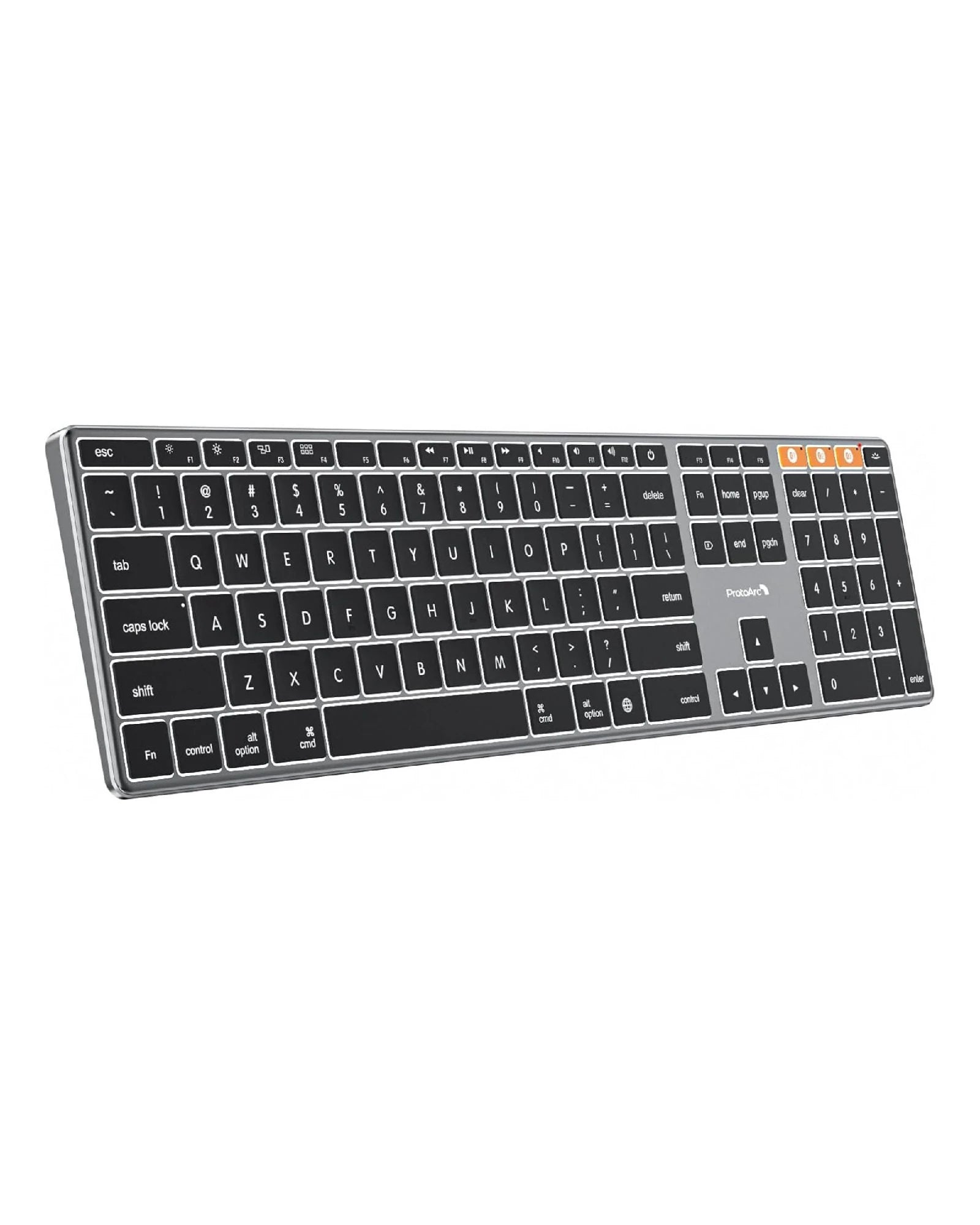 Slim aluminum Bluetooth keyboard with white backlit keys and Mac-specific layout