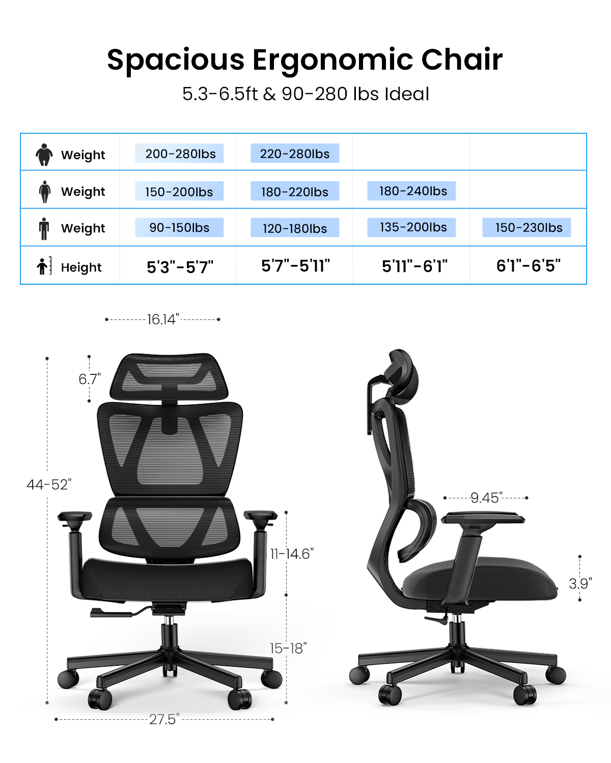 EC100 Ergonomic Mesh Office Chair: front/side views, dimensions, headrest & lumbar support.