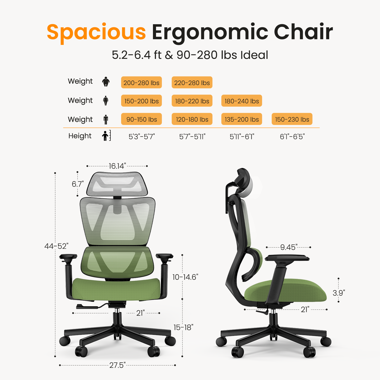 EC100 Ergonomic Mesh Office Chair in Gradient Green with dimensions and weight/height compatibility chart.