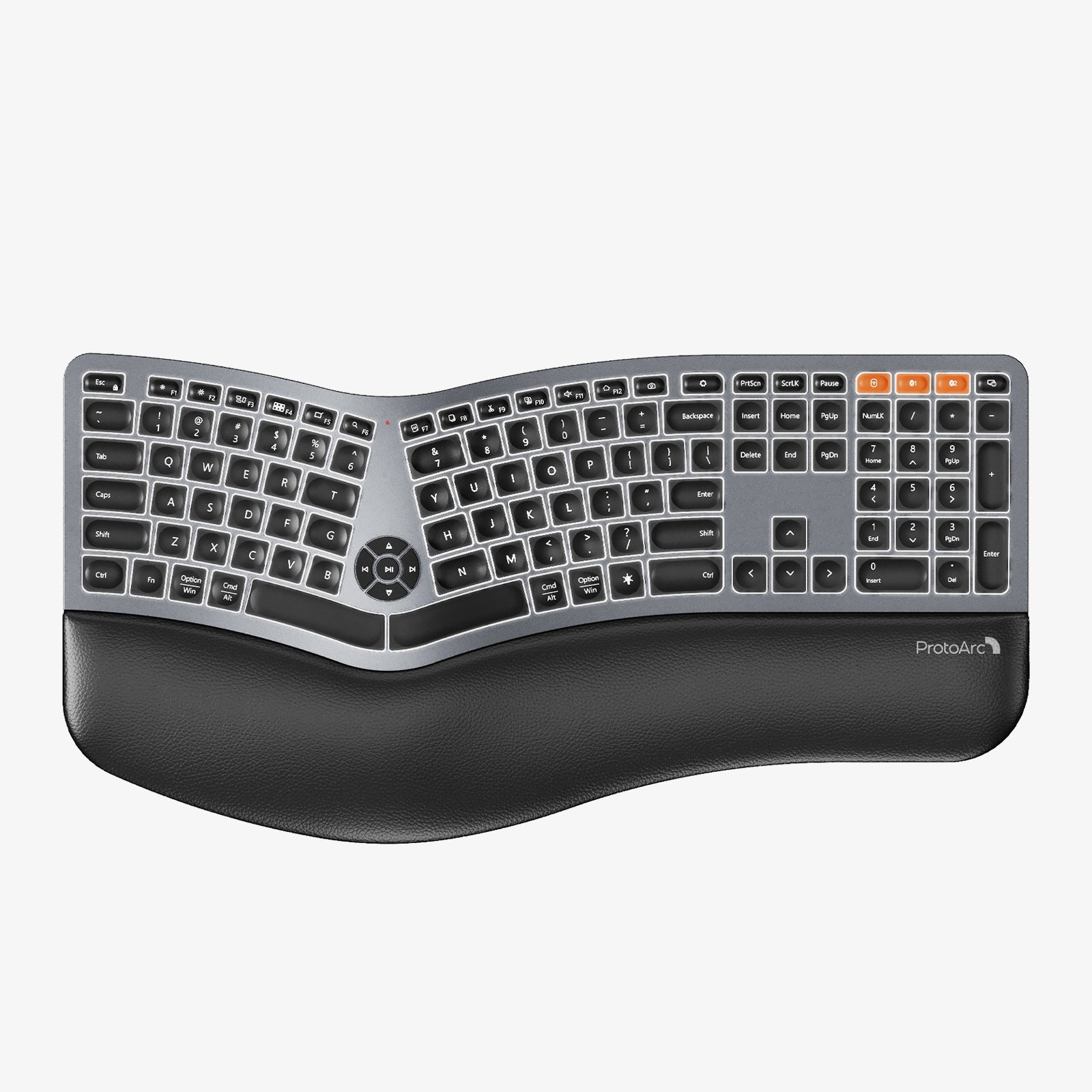 ProtoArc EK01 Plus ergonomic split keyboard with black keys and wrist rest, metallic gray finish, orange accents.