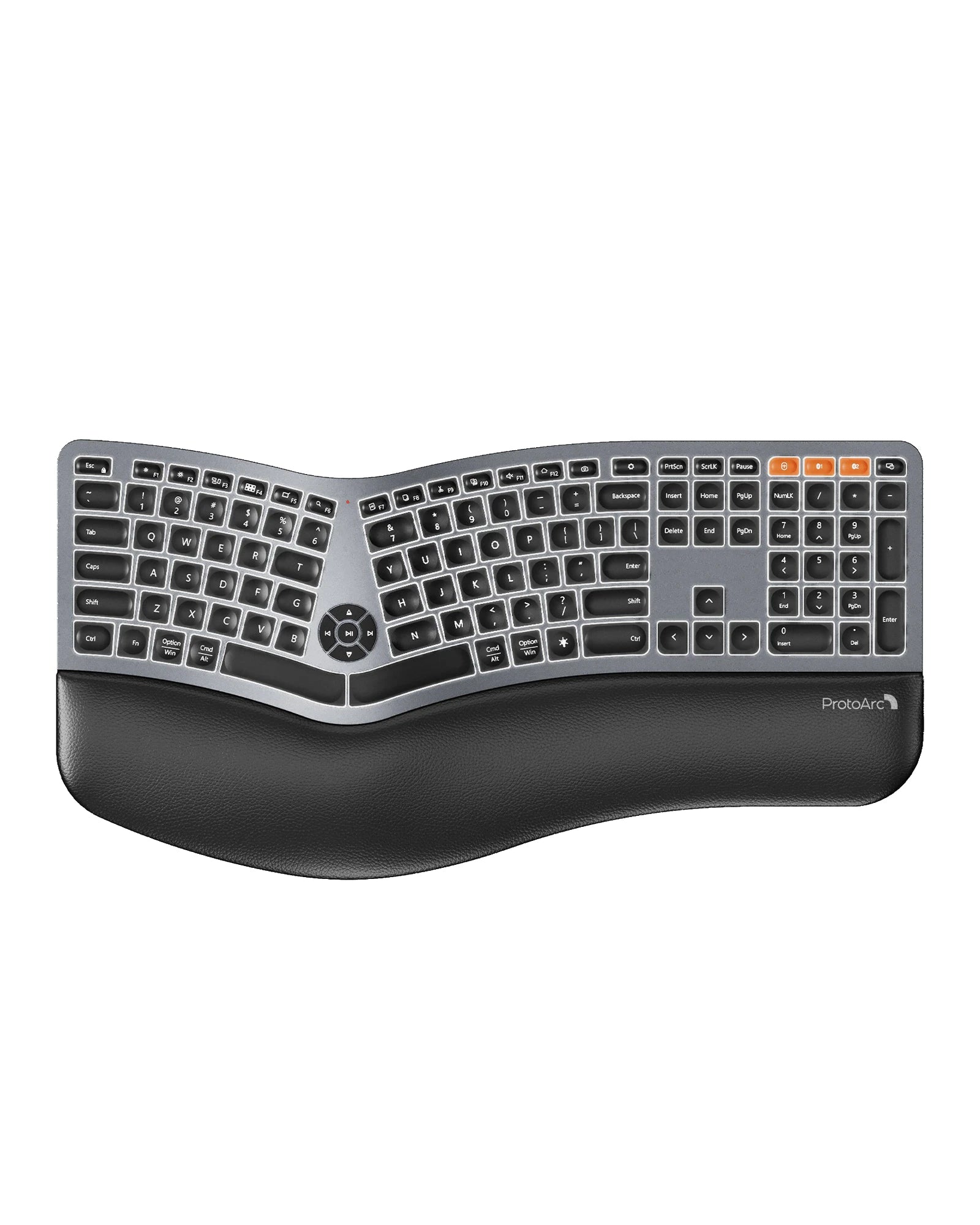 ProtoArc EK01 Plus backlit ergonomic split keyboard with black leather wrist rest