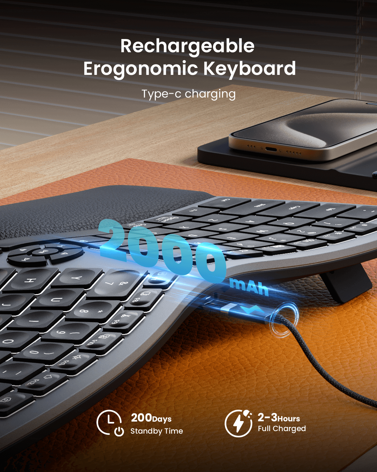 EK01 Plus ergonomic keyboard with 2000mAh battery, 200 days standby time, and 2-3 hours full charge.
