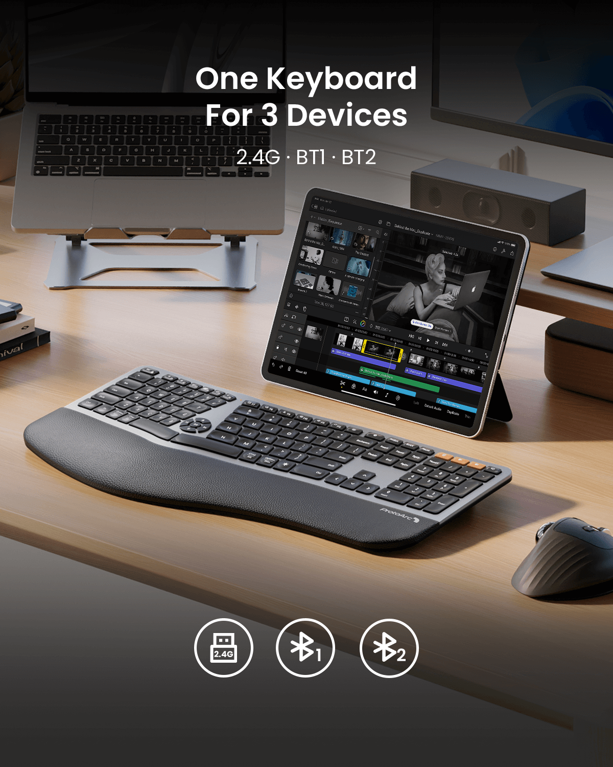 ProtoArc EK01 Plus ergonomic split keyboard connected to laptop, tablet, and desktop. Features 2.4G, BT1, BT2 connectivity.