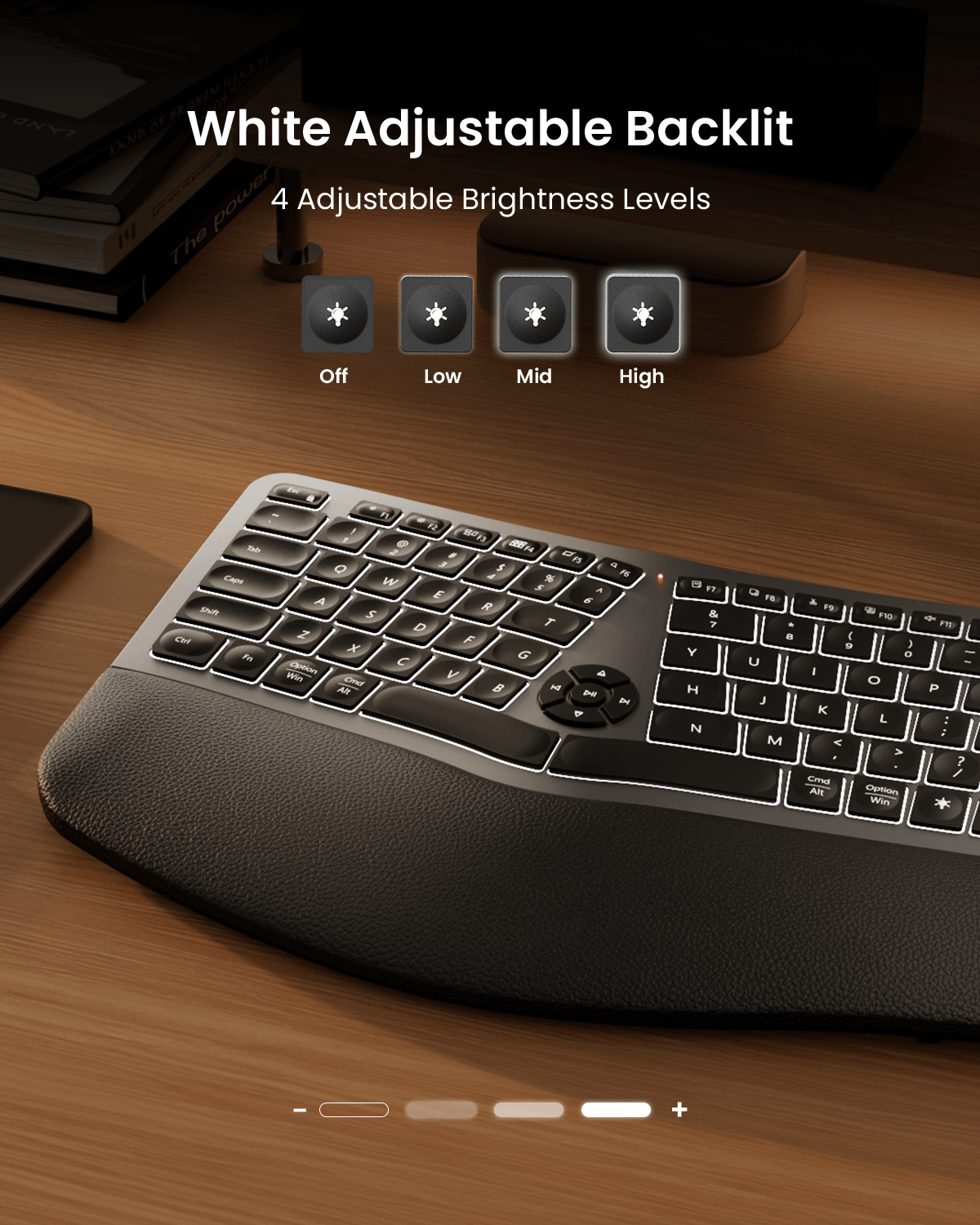 ProtoArc EK01 Plus ergonomic split keyboard with adjustable white backlighting and 4 brightness levels.
