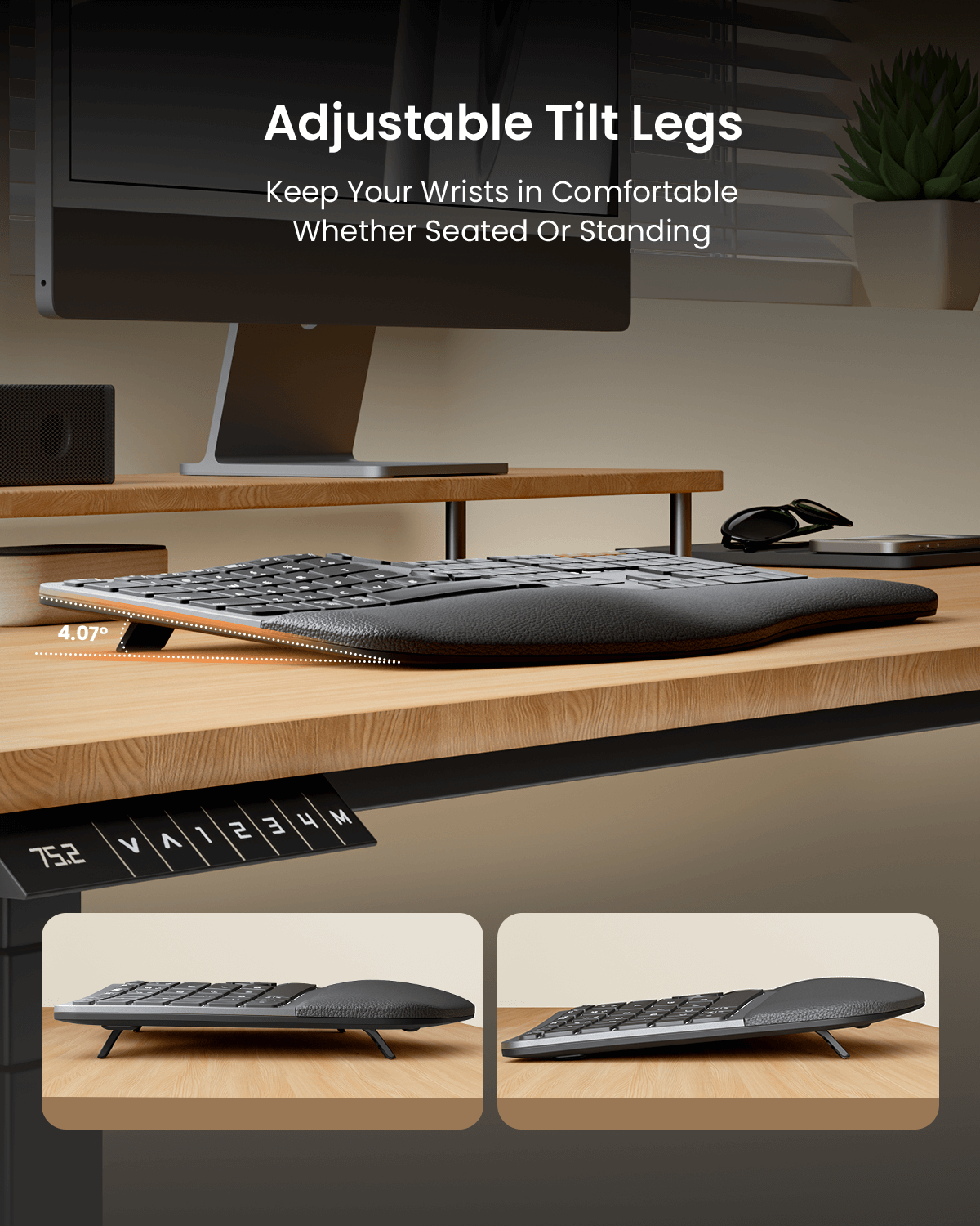 ProtoArc EK01 Plus ergonomic keyboard with adjustable tilt legs, displaying 4.07° angle for comfortable wrist positioning.
