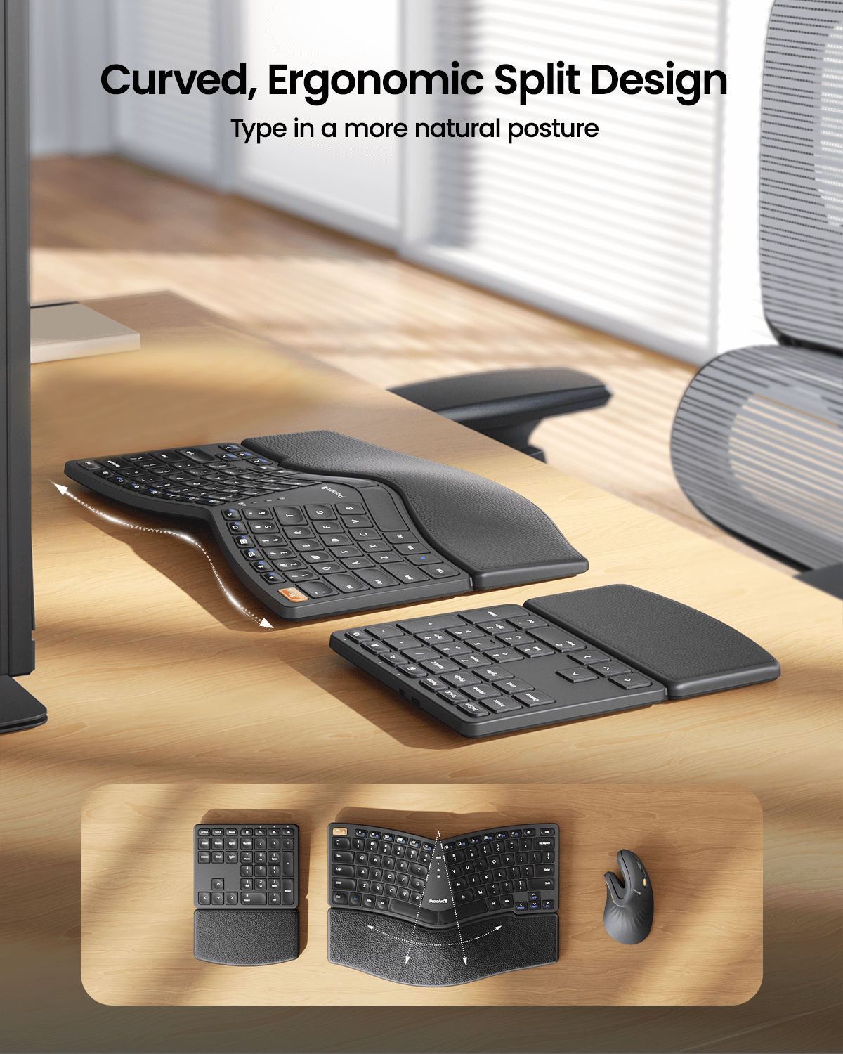 Black EK04 ergonomic split keyboard and keypad with wrist rests shown in a natural typing posture on a wooden desk.