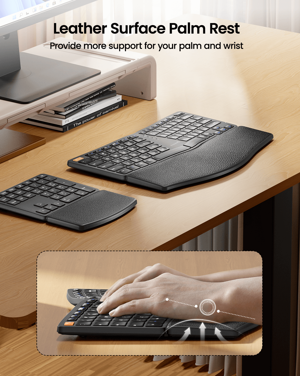 Black EK04 split ergonomic keyboard with leather wrist rest and separate numeric keypad for comfortable typing.