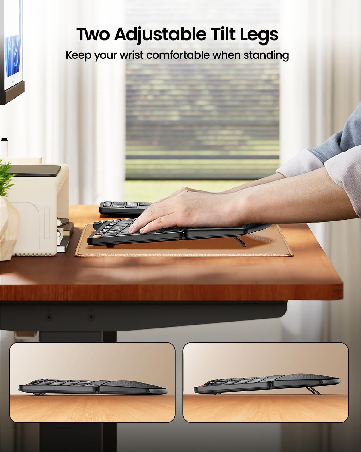 EK04 split ergonomic keyboard and keypad with adjustable tilt legs for comfortable wrist posture on desk.