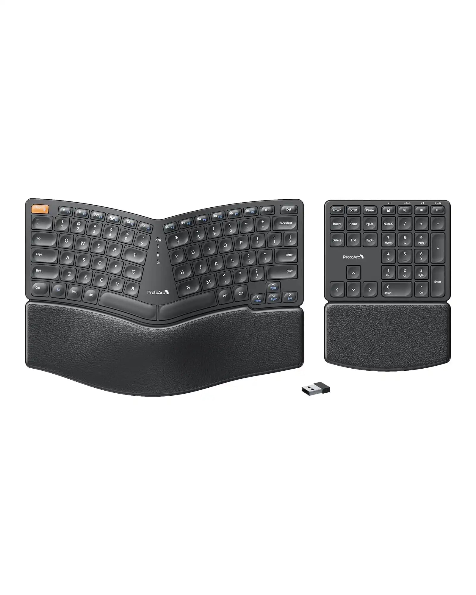 Black ProtoArc EK04 split ergonomic keyboard with leather wrist rest and separate numeric keypad