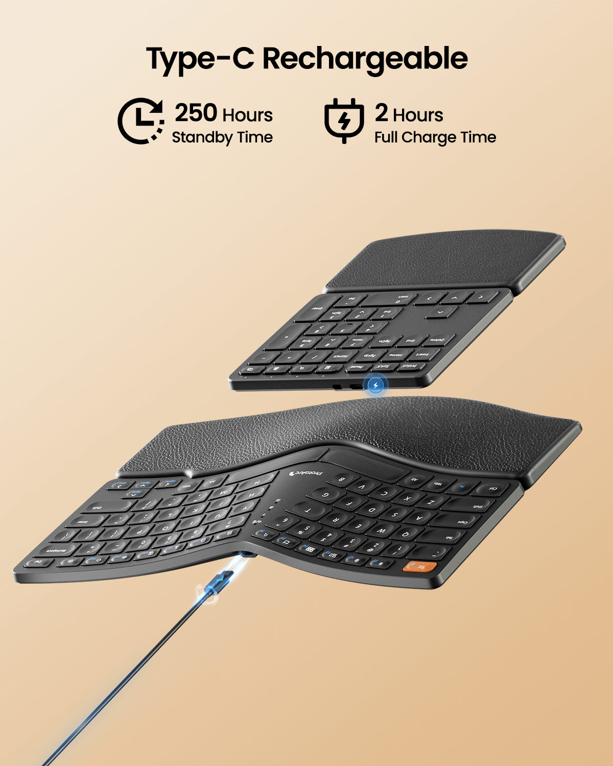 EK04 split ergonomic keyboard charging via USB-C, highlighting 250 hours standby and 2 hours full charge time.