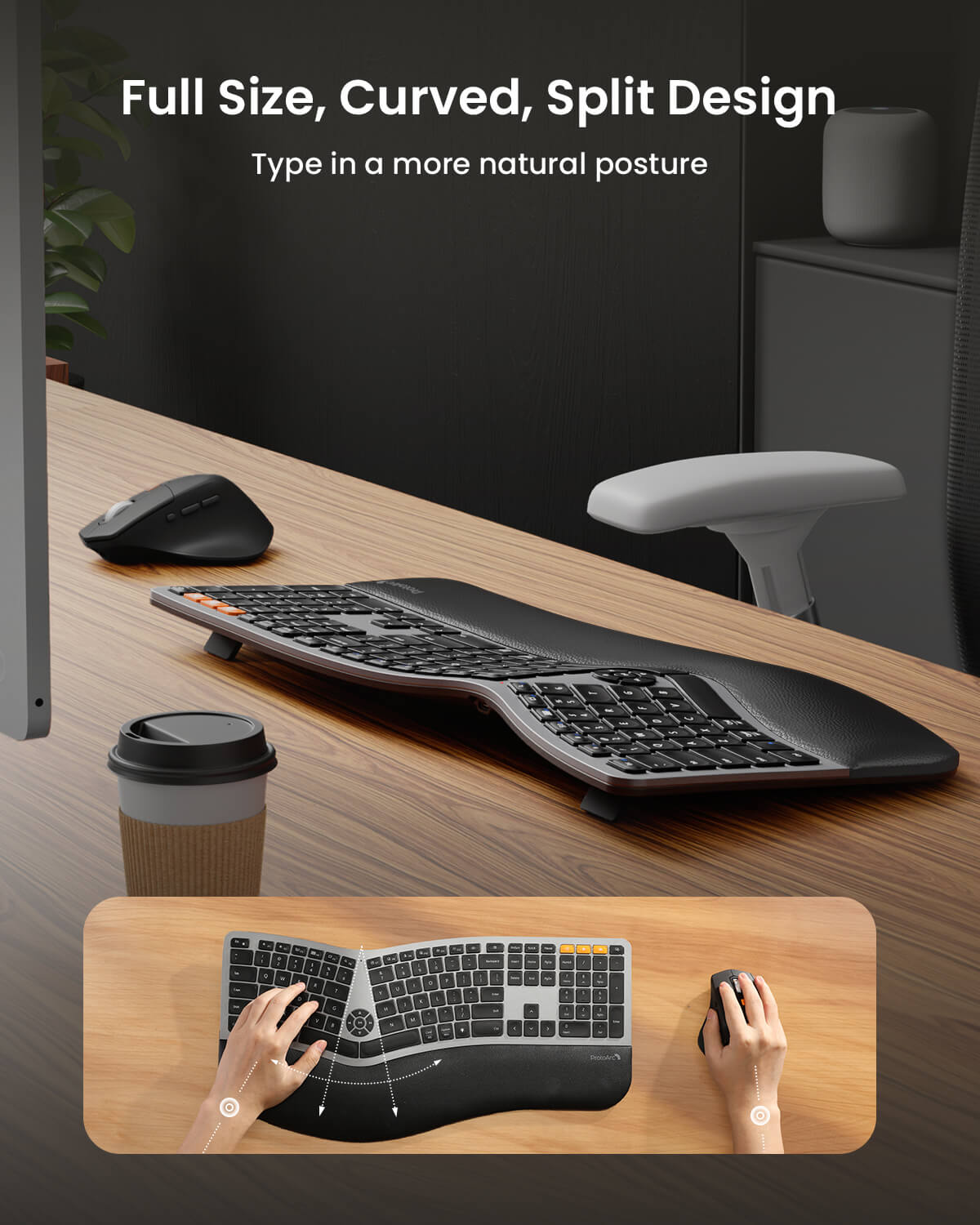 EKM01 Plus ergonomic split keyboard and mouse set, dark gray, black wrist rest, orange accents.