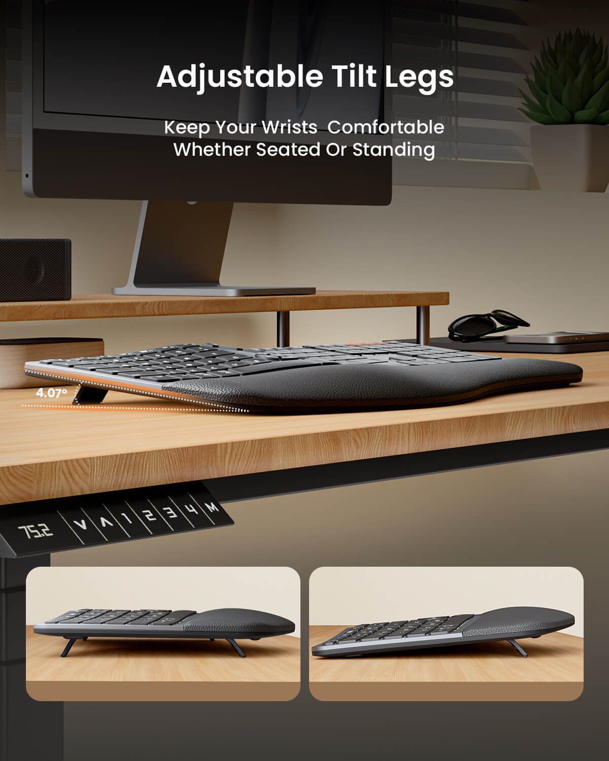 EKM01 Plus ergonomic split keyboard in dark gray with black wrist rest, showing adjustable tilt legs for comfortable typing.