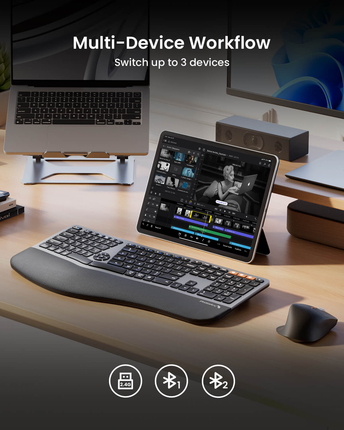 EKM01 Plus ergonomic keyboard and mouse with laptop and tablet for multi-device workflow. Supports 2.4G, BT1, BT2.