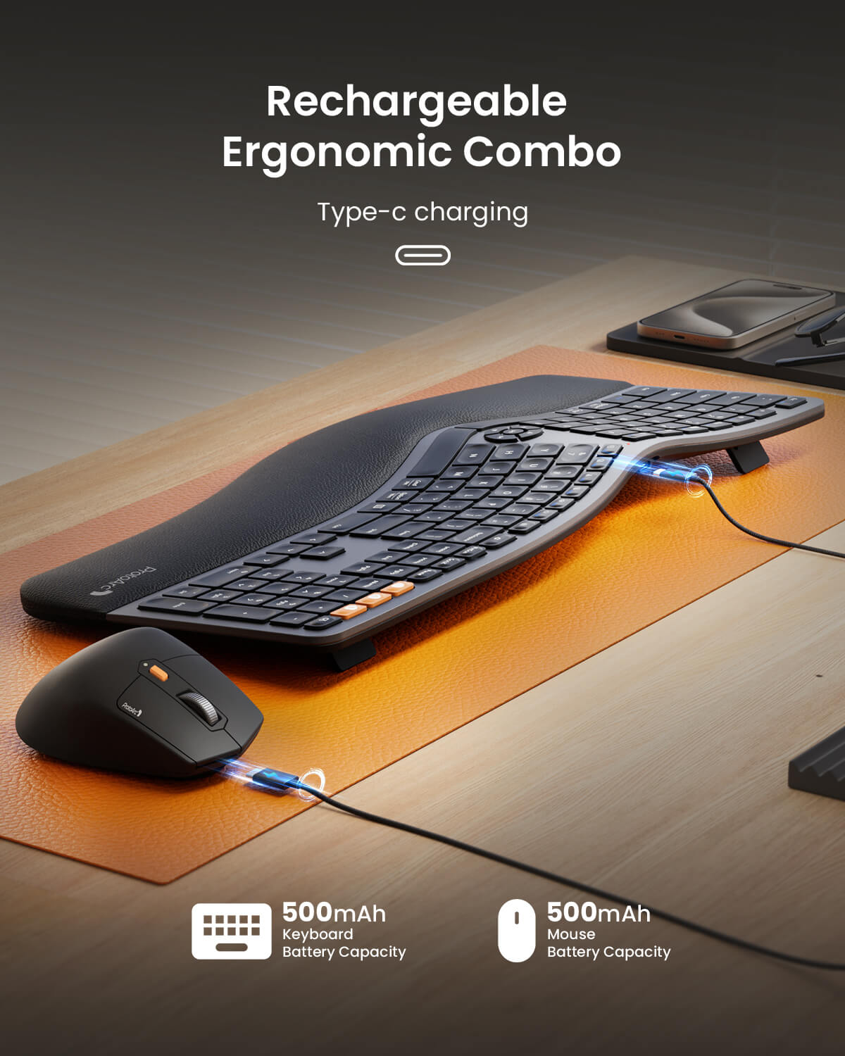 EKM01 Plus ergonomic keyboard and mouse charging via USB-C, highlighting 500mAh battery capacity for each device.