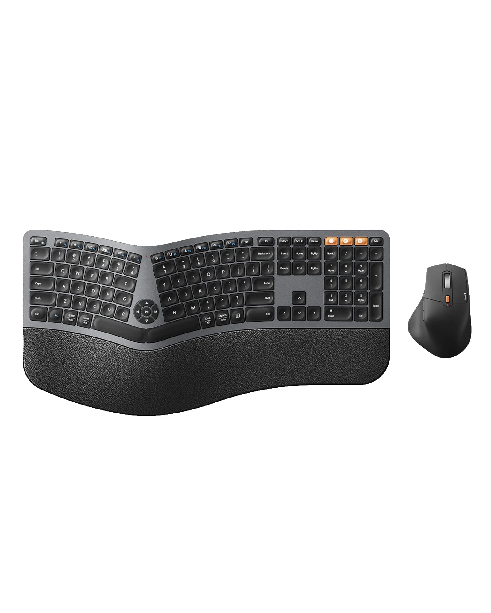 Black ProtoArc EKM01 Plus ergonomic keyboard with split design and wrist rest, paired with sculpted ergonomic mouse.