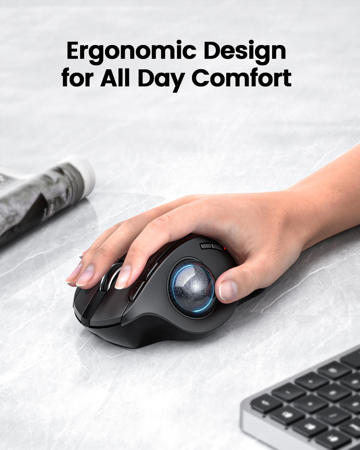 EM01 NL wireless ergonomic trackball mouse with illuminated blue trackball for comfort.