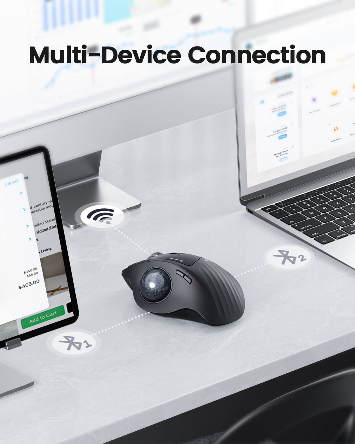 EM01 NL dark gray ergonomic trackball mouse showing multi-device Bluetooth connection to laptop and tablet.