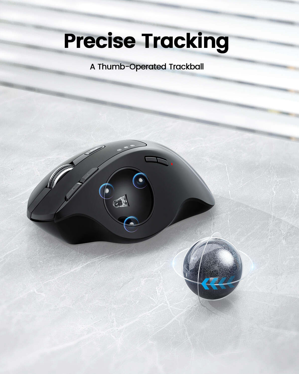 EM01 NL dark gray trackball mouse showcasing precise thumb operation and its glossy trackball.